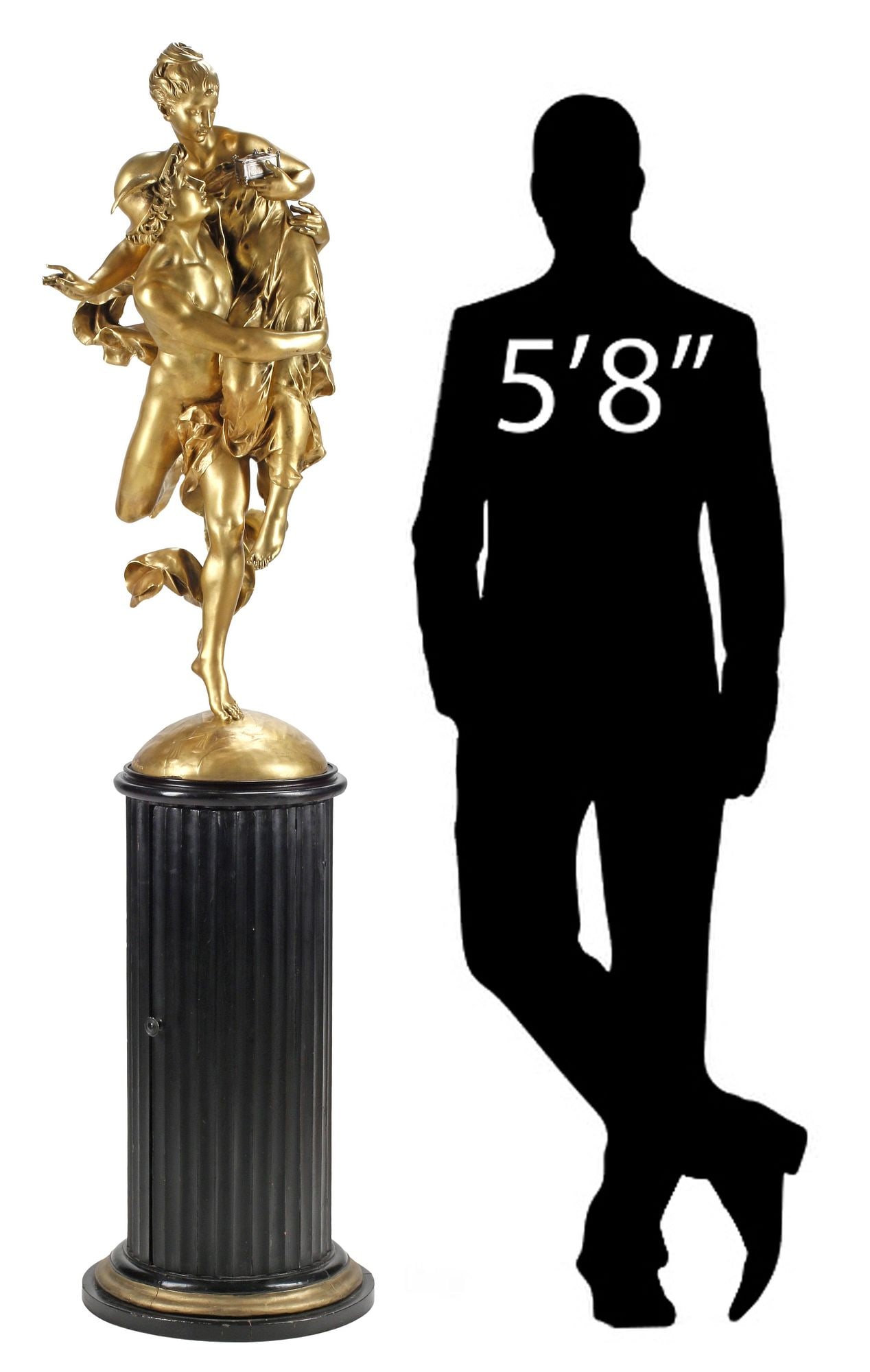 AFTER VINCENT DESIRE FAURE DE BROUSSE ORMOLU SCULPTURE OF LOVERS ON PEDESTAL: French bronze dore sculpture, Mercury and Pandora, signed in cast after Faure de Brousse (Vincent Desire Faure de Brousse, 1876-1908), standing atop a partial globe-form base, further rising on a