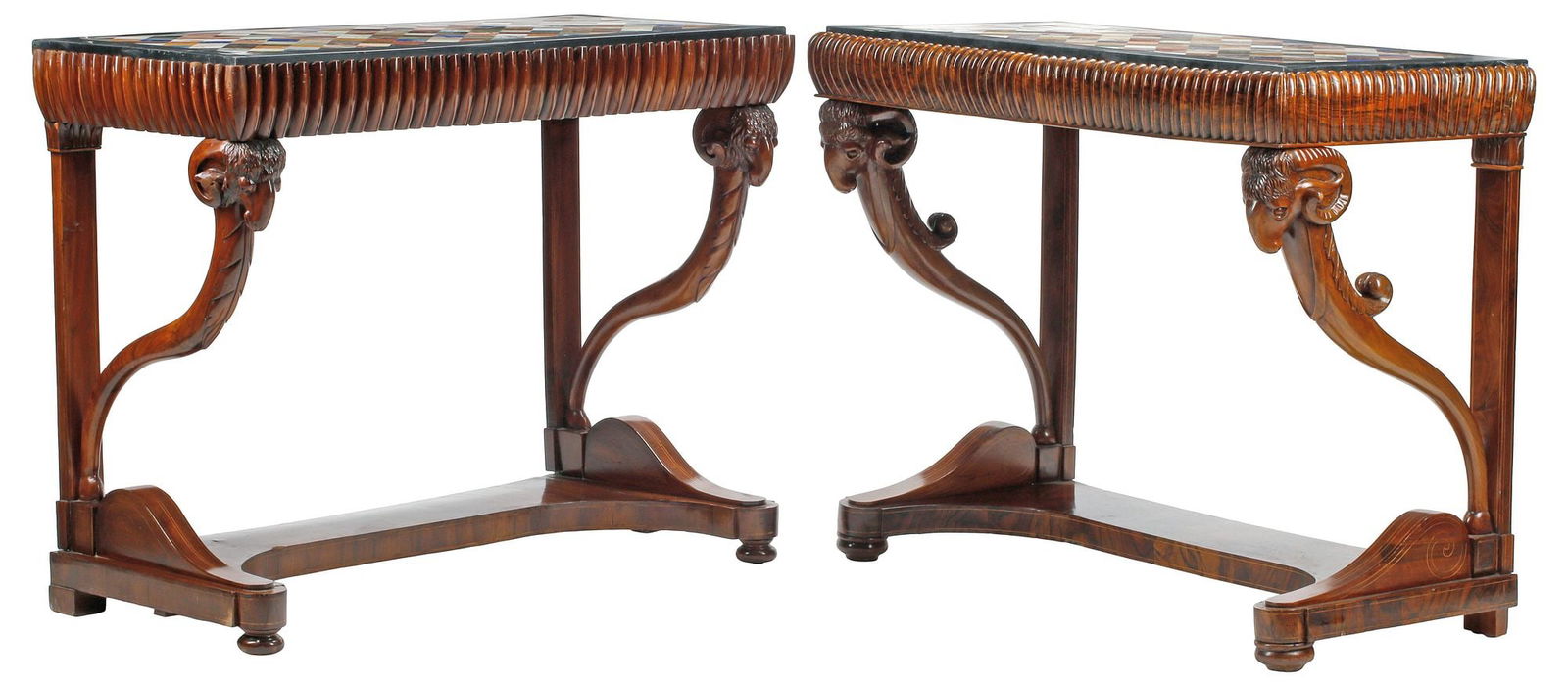 (2) NEOCLASSICAL STYLE SPECIMEN MARBLE-TOP RAM'S HEAD CONSOLE TABLES (1 of 8)