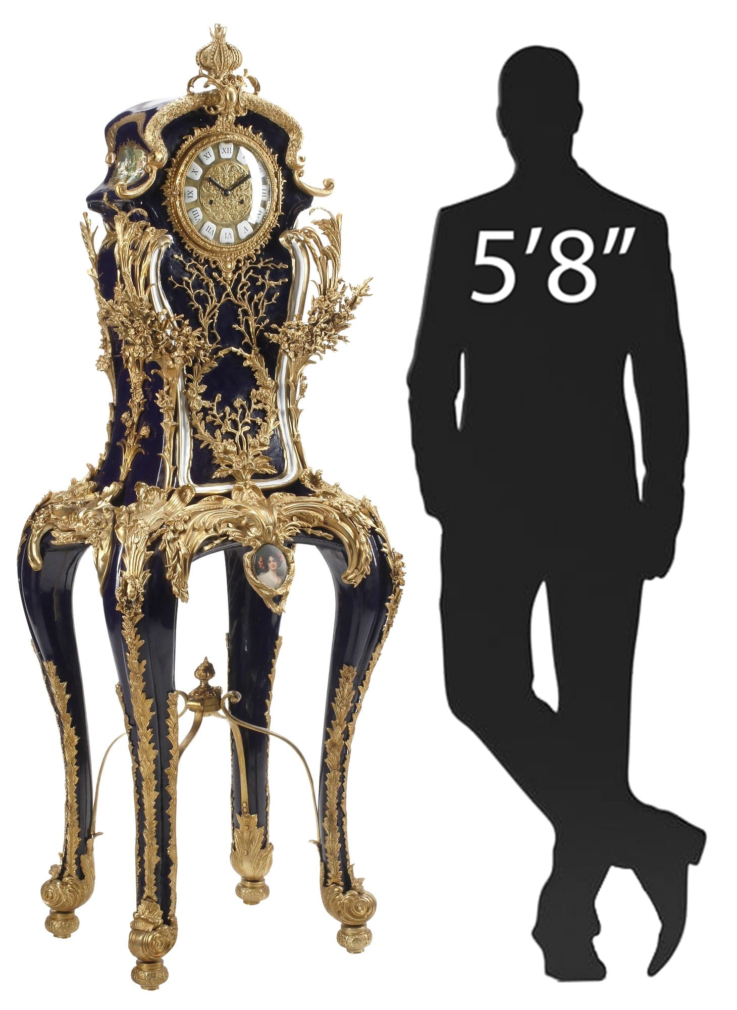 LOUIS XV STYLE ORMOLU MOUNTED CLOCK ON STAND, 70"H: Large Louis XV style bronze dore-mounted clock on stand, having bulbous crown finial, over shaped case centering gilt dial, with white Roman numeral hour markers, time-and-strike movement, above