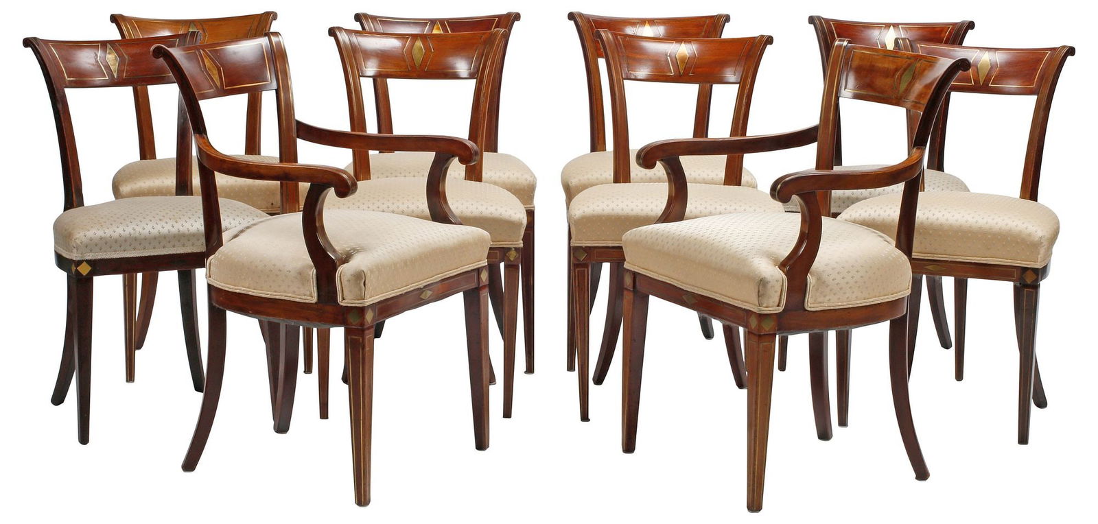 (10) REGENCY STYLE BRASS-INLAID & UPHOLSTERED DINING CHAIRS (1 of 5)