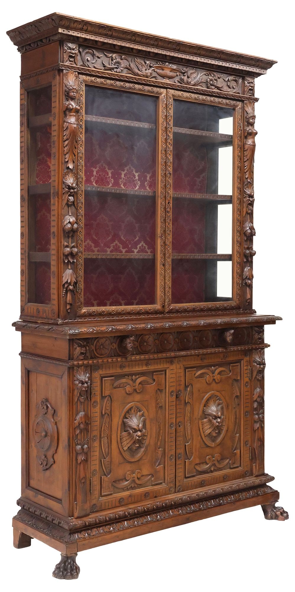 ITALIAN RENAISSANCE REVIVAL CARVED WALNUT DISPLAY BOOKCASE (1 of 8)