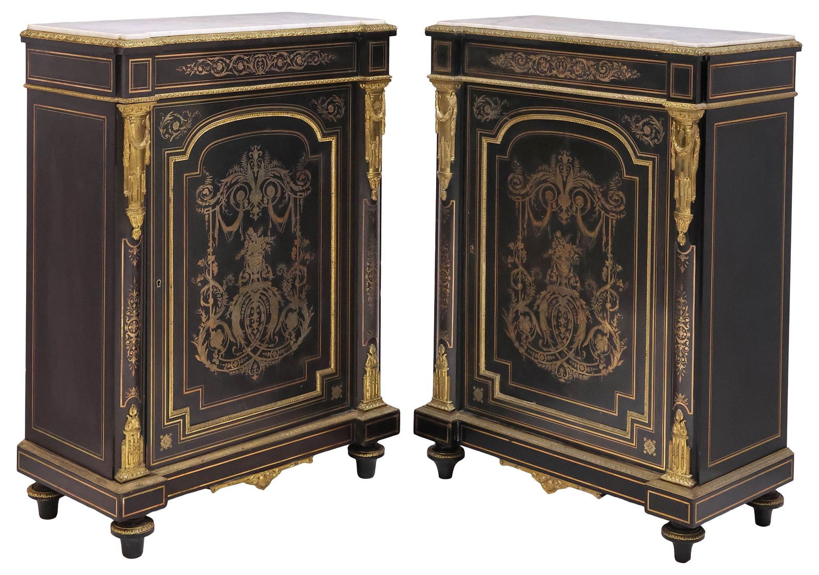 (2) NAPOLEON III PERIOD MARBLE-TOP & BRASS-INLAID EBONIZED CABINETS (1 of 6)
