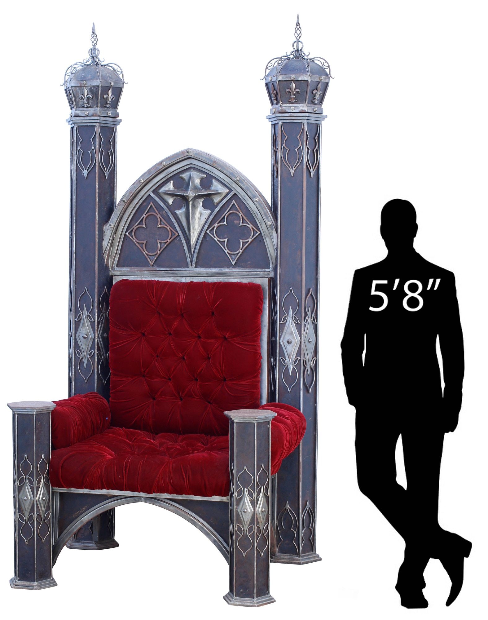 MONUMENTAL MEDIEVAL STYLE UPHOLSTERED IRON KING'S THRONE CHAIR, 98"H (1 of 6)