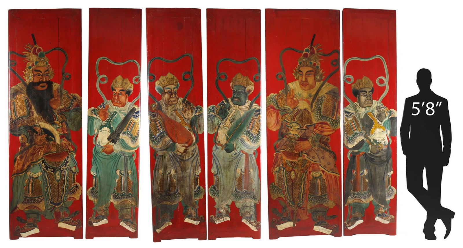 (6) CHINESE RED LACQUER PAINTED MENSHEN DOOR GOD GUARDIAN PANELS, 110"H (1 of 11)