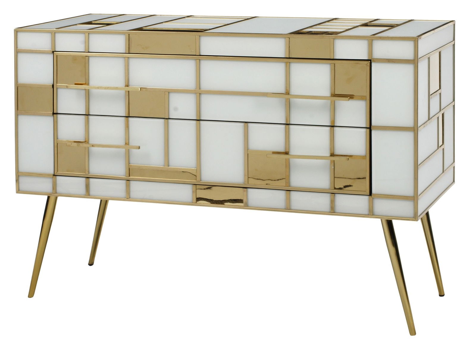 ARTE MODERNE MONDRIAN STYLE GEOMETRIC GLASS-CLAD 2-DRAWER COMMODE: Arte Moderne style glass-clad commode, inspired by the works of Piet Mondrian (Dutch painter, 1872-1944), rectangular gilt-metal frame with white and gilded mirrored glass tiling, fitted with two draw