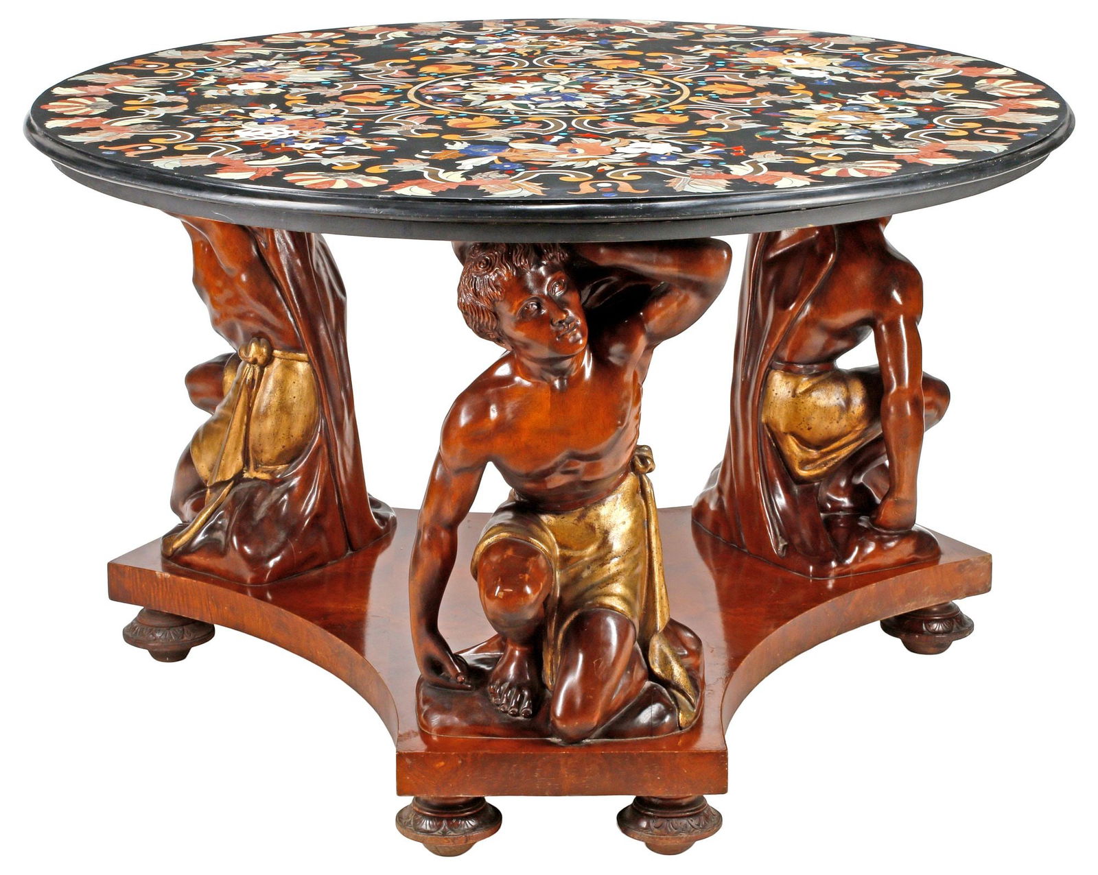 FIGURAL PARCEL-GILT WALNUT CENTER TABLE WITH PIETRA DURA MARBLE TOP (1 of 5)