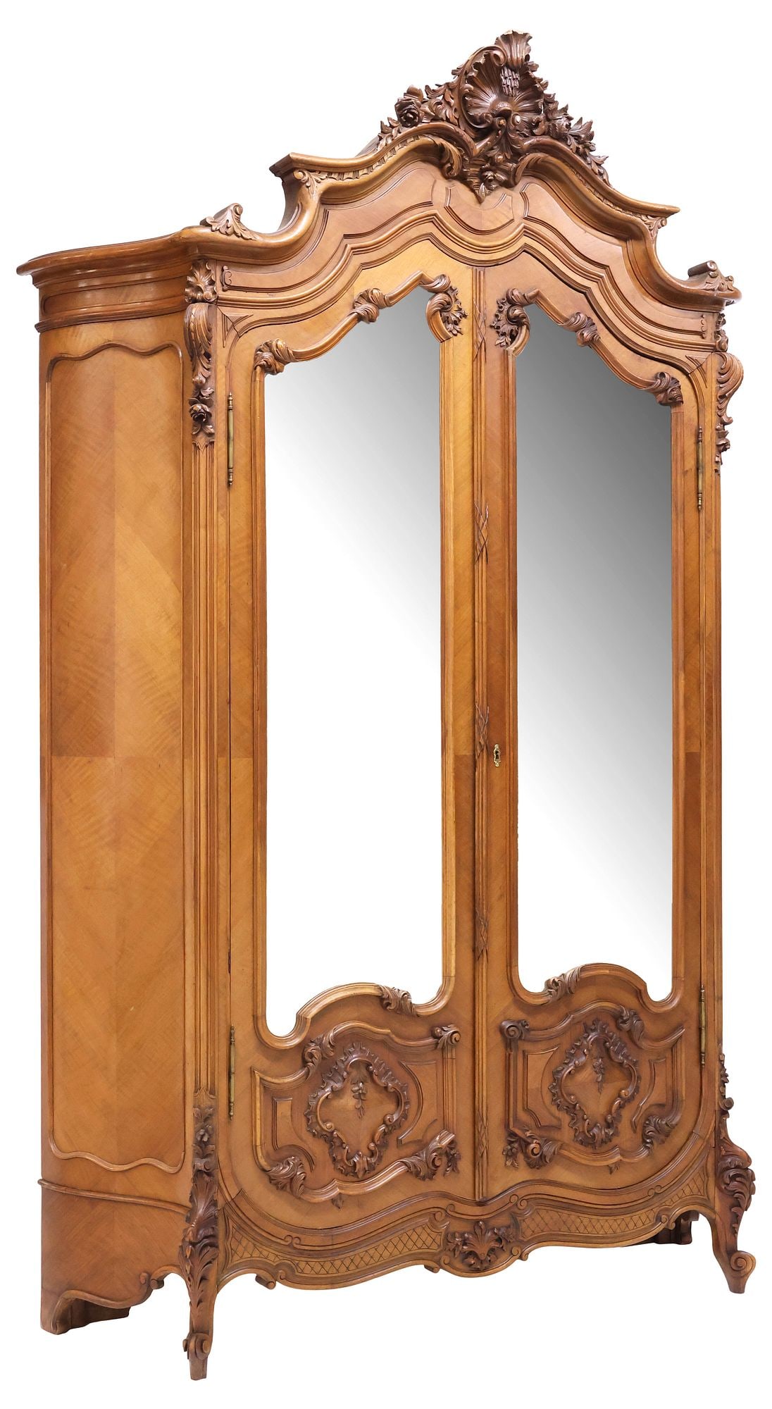 FRENCH LOUIS XV STYLE MIRRORED & CARVED WALNUT ARMOIRE, 104"H (1 of 5)