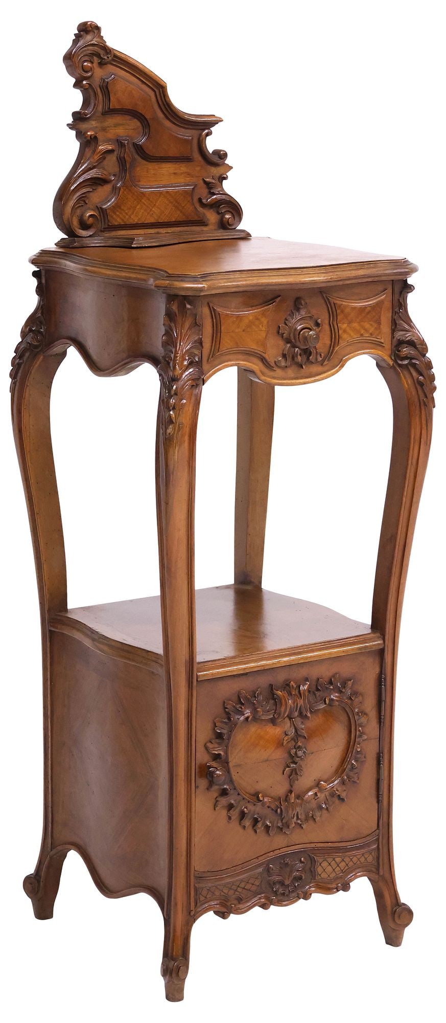 FRENCH LOUIS XV STYLE CARVED WALNUT TALL BEDSIDE CABINET (1 of 6)