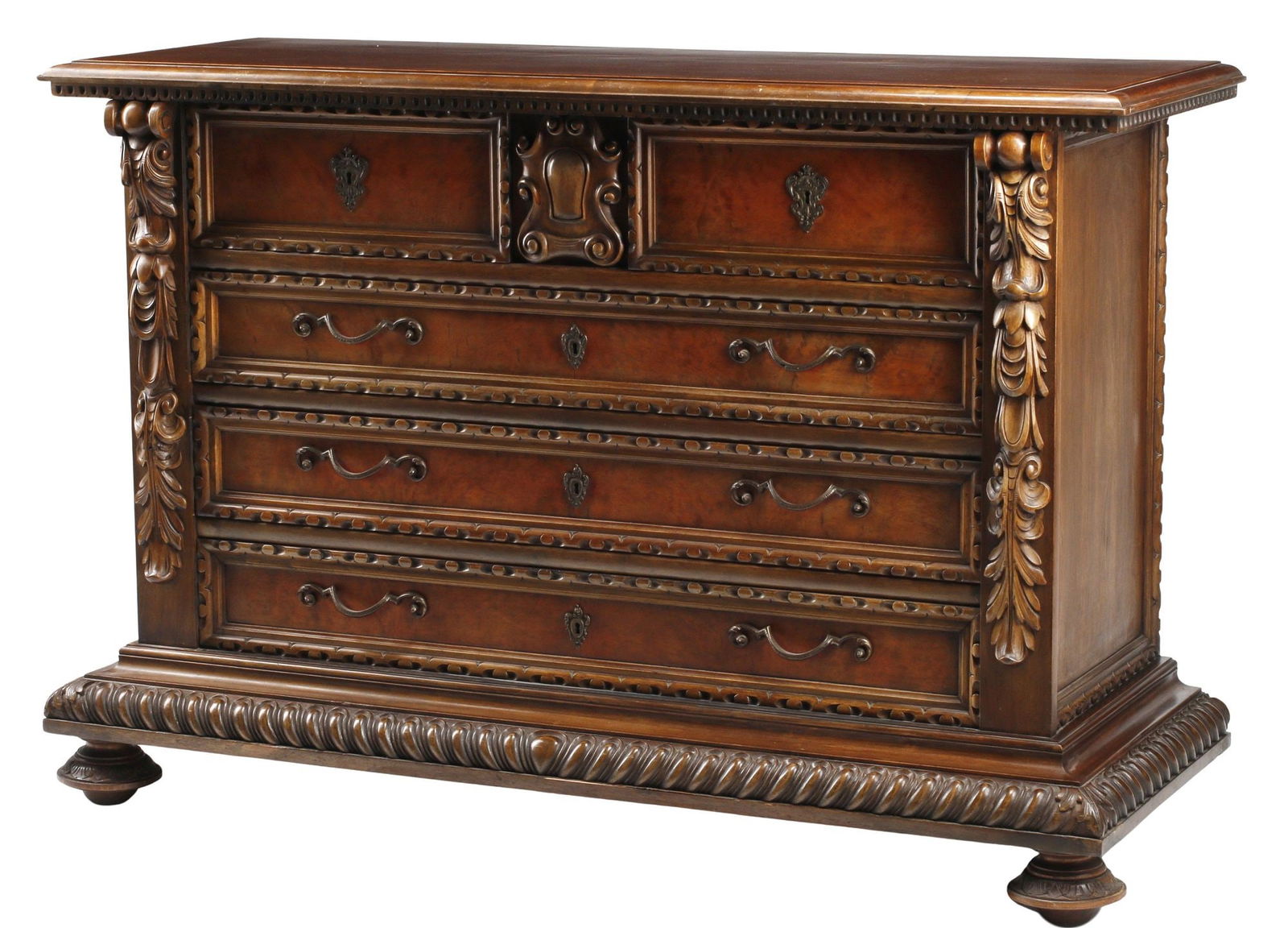 ITALIAN RENAISSANCE STYLE CARVED WALNUT 5-DRAWER COMMODE (1 of 6)