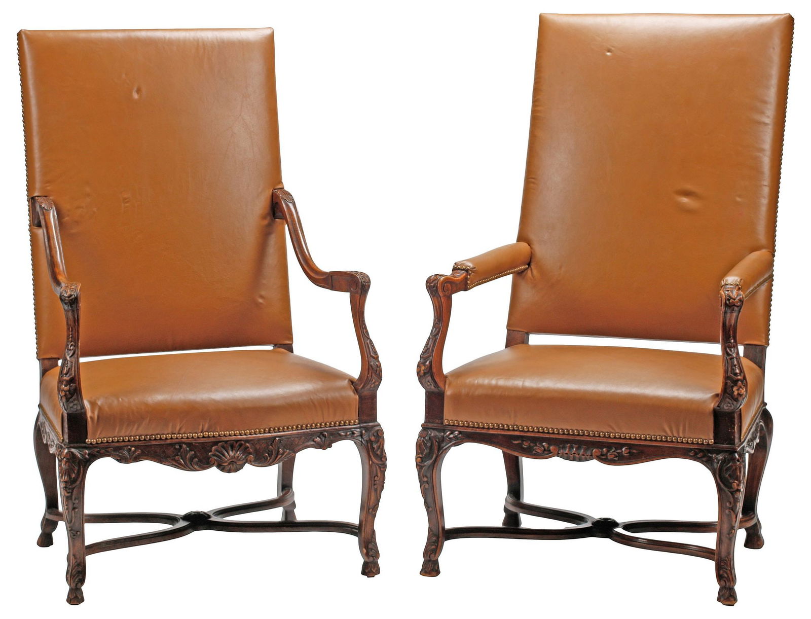 (2) REGENCE STYLE LEATHER-UPHOLSTERED CARVED WALNUT ARMCHAIRS (1 of 5)