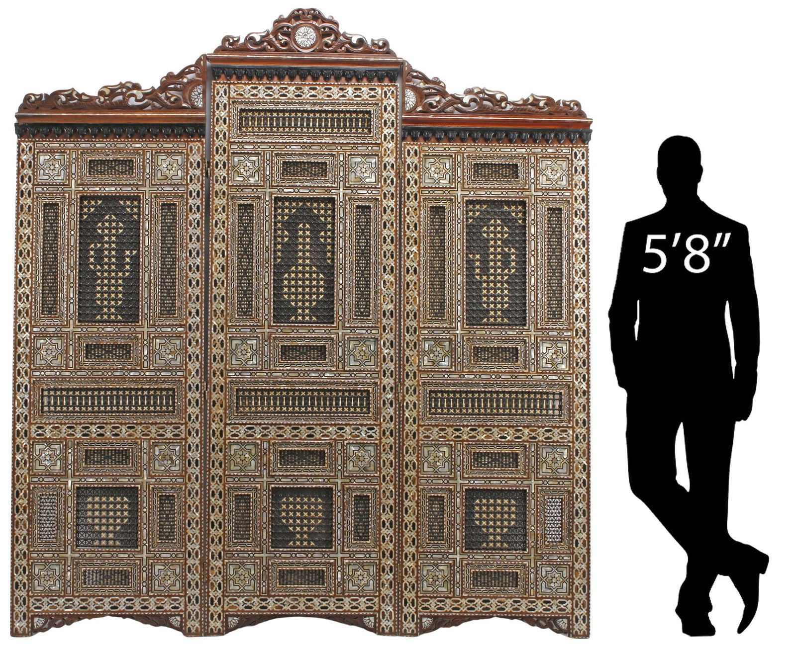 LARGE MOORISH STYLE INLAID DOUBLE-SIDED 3-PANEL FOLDING SCREEN, 81.5"H (1 of 7)