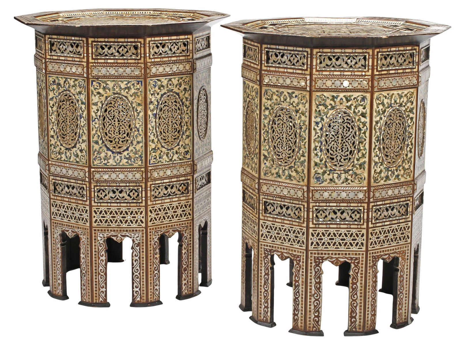 (2) MOORISH STYLE DECAGONAL MOSAIC INLAID PEDESTAL TABLES (1 of 5)
