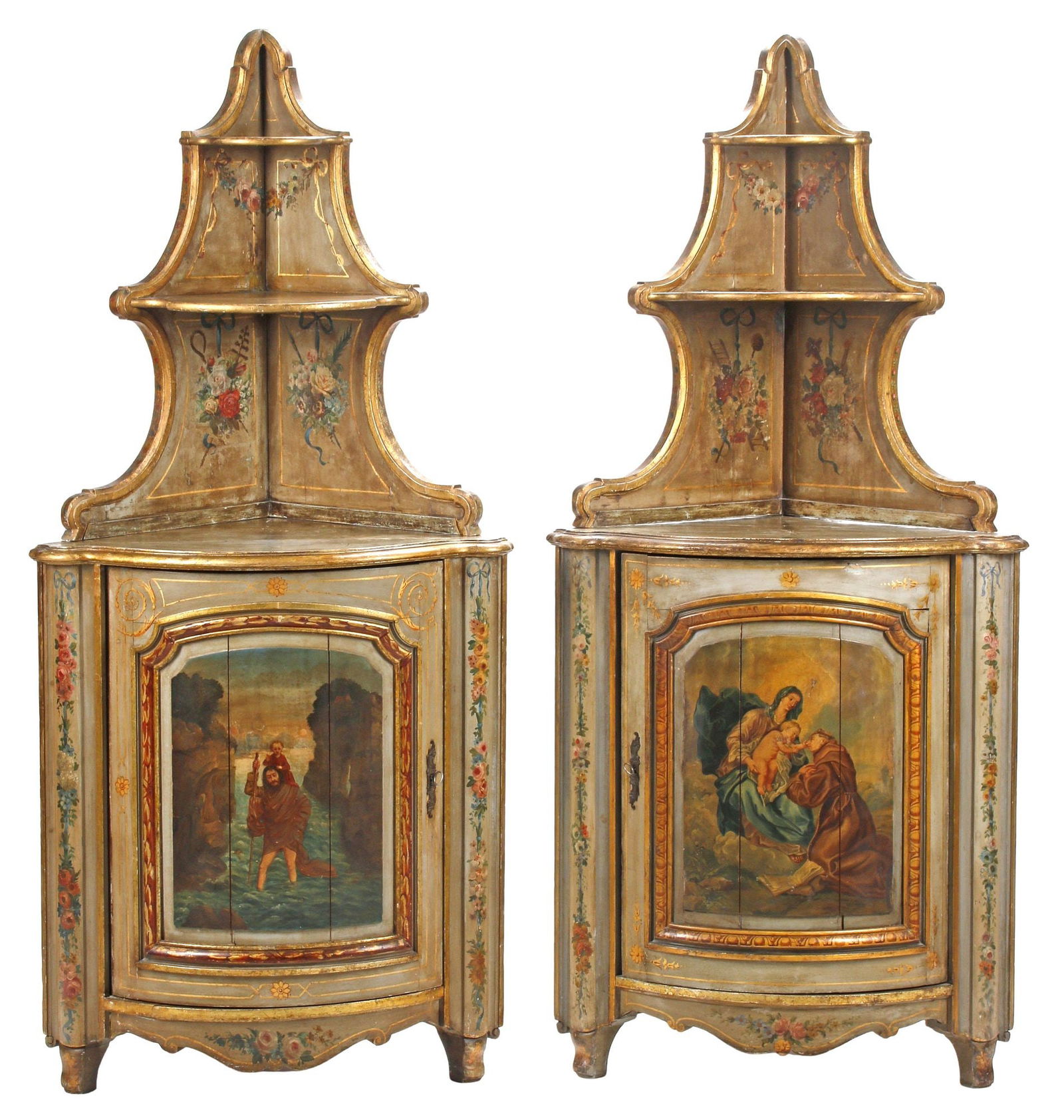 (2) VENETIAN PARCEL GILT CORNER CABINETS WITH PAINTED BIBLICAL SCENES (1 of 11)