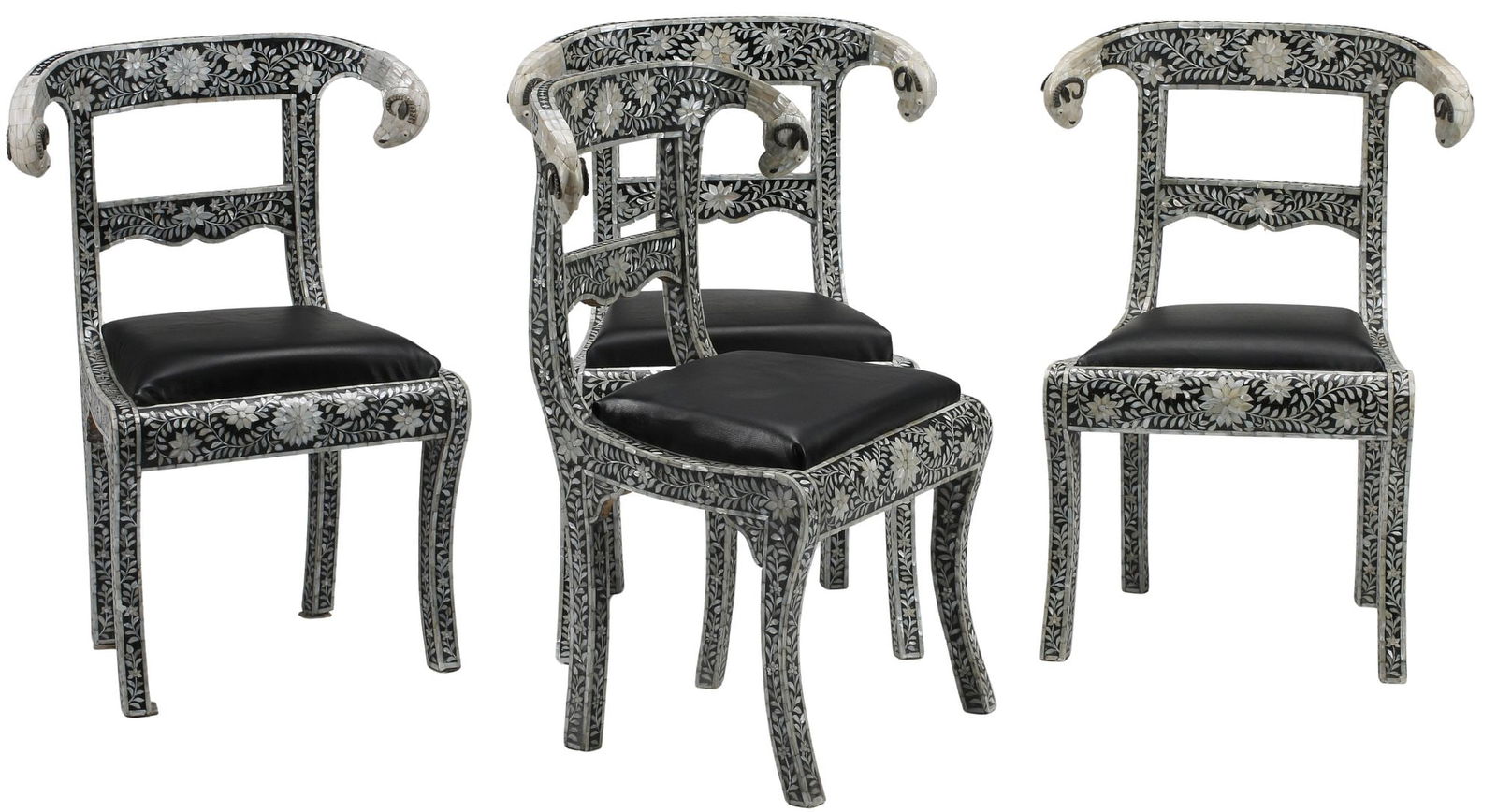 (4) ANGLO-INDIAN STYLE MOTHER OF PEARL INLAID RAM'S HEAD CHAIRS (1 of 5)