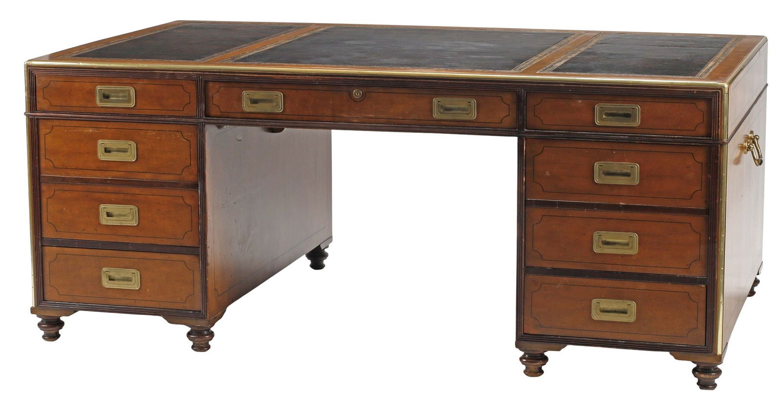 LARGE BAKER FURNITURE BRASS-BOUND LEATHER-TOP PARTNER'S DESK (1 of 6)