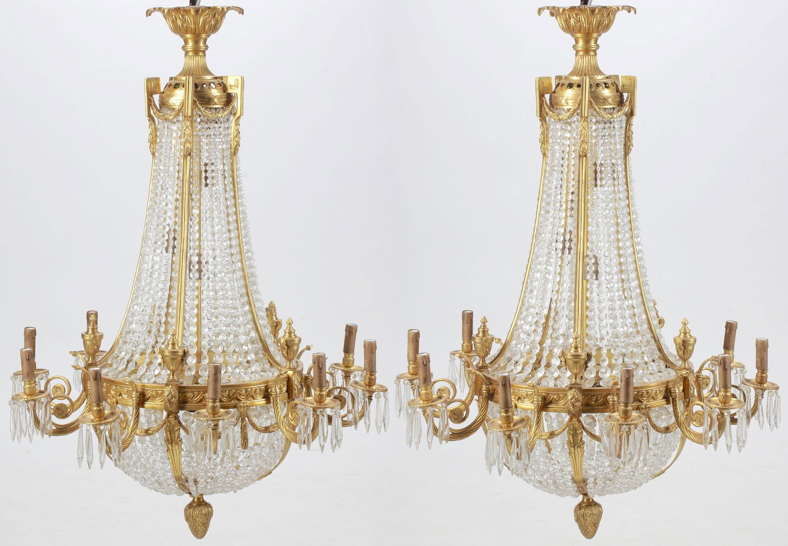 (2) EMPIRE STYLE ORMOLU & CRYSTAL SAC-A-PEARL 10-LIGHT CHANDELIERS (1 of 6)