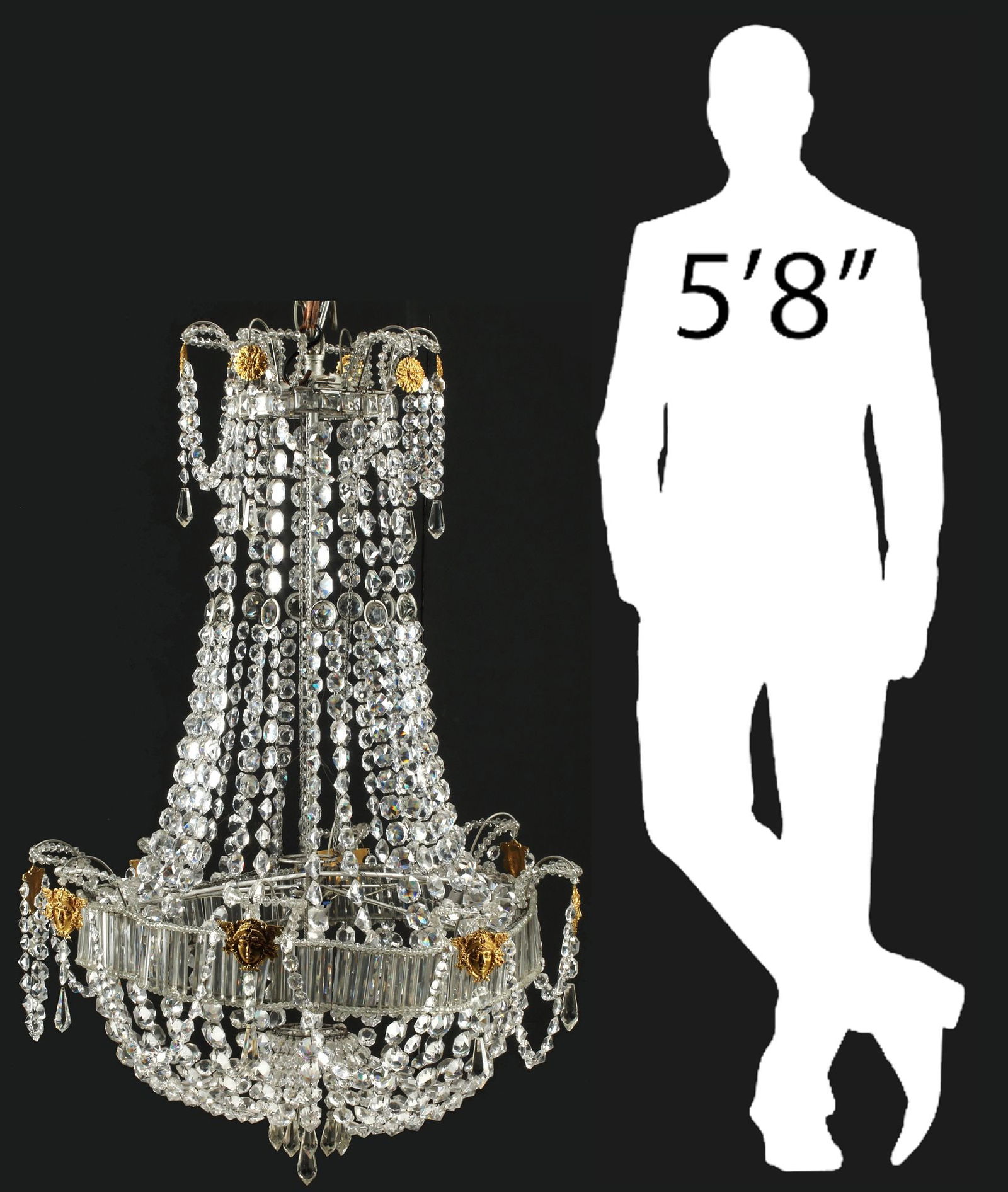 EMPIRE STYLE ORMOLU & CRYSTAL SAC-A-PEARL SIX-LIGHT CHANDELIER, 54"H (1 of 7)