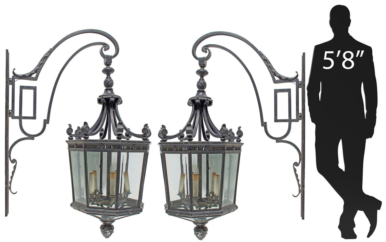 (2) MONUMENTAL OCTAGONAL BRONZE & IRON 5-LIGHT WALL LANTERNS, 62"H (1 of 5)