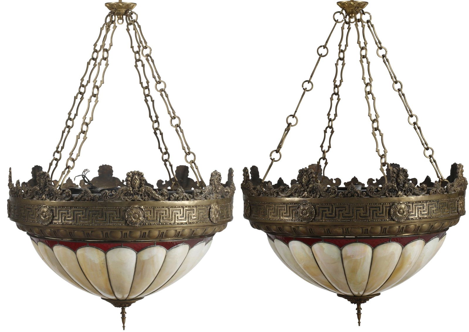 (2) LARGE AMERICAN BEAUX-ARTS BRONZE 'JUSTICE' CHANDELIERS, 33"DIAM: (pair) Large American Beaux-Arts patinated bronze "Justice" chandeliers, early 20th c., each having cast frame with raised foliate scrollwork and meander trim, above scalloped dome shade wit