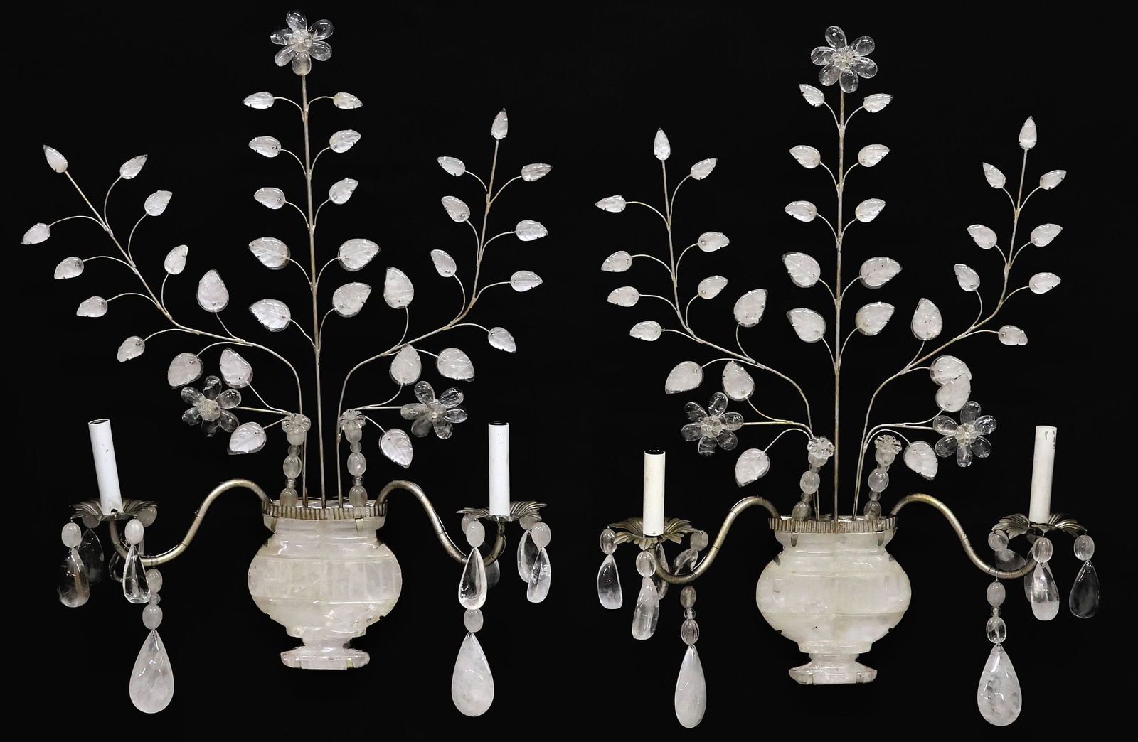 (2) MAISON BAGUES STYLE ROCK CRYSTAL FOLIATE 2-LIGHT WALL SCONCES (1 of 3)