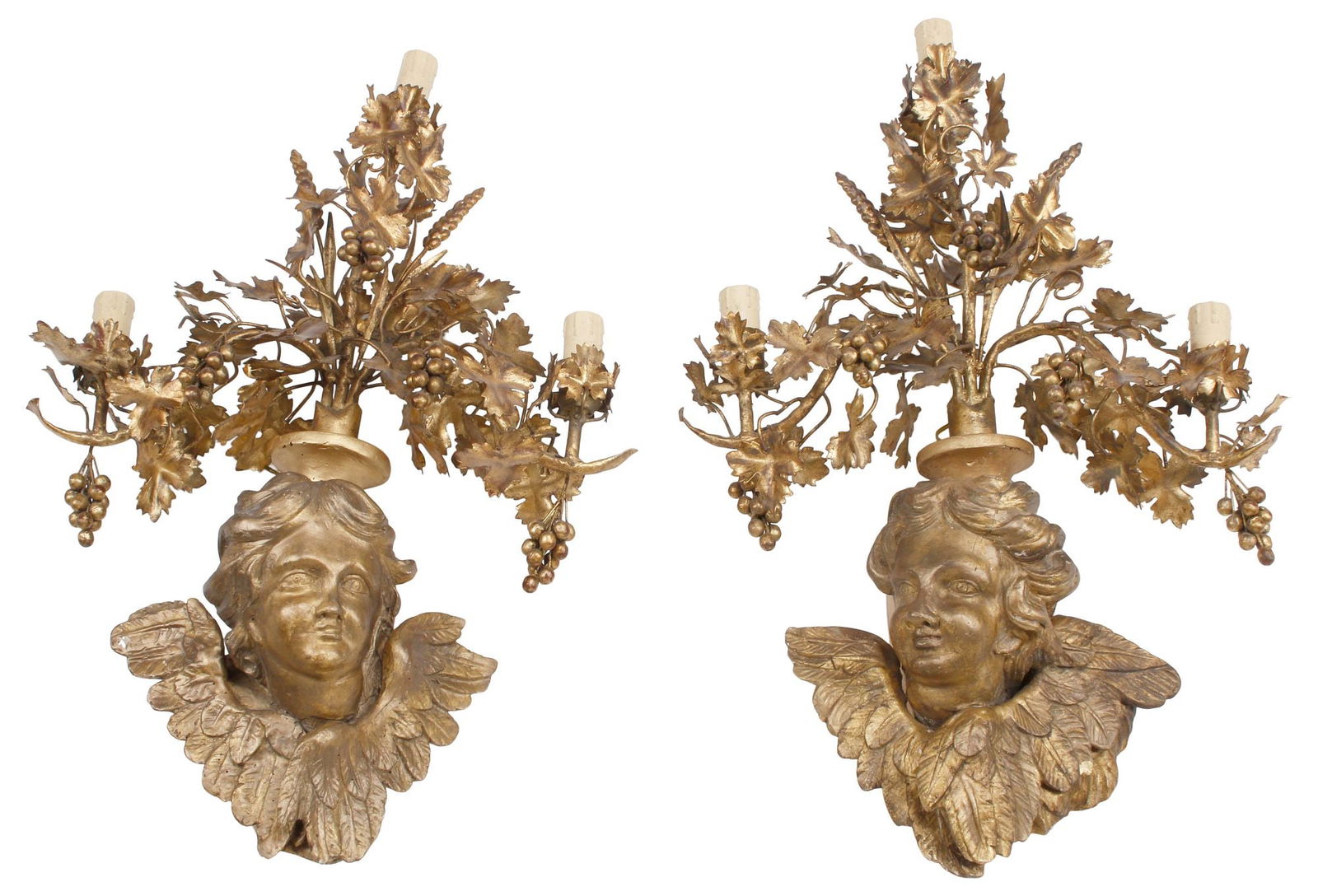 (2) ITALIAN FIGURAL CHERUB MASK GILT 3-LIGHT WALL SCONCES (1 of 5)