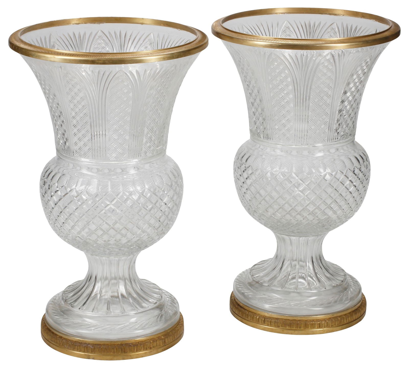(2) LARGE BACCARAT STYLE ORMOLU-MOUNTED CRYSTAL URNS / VASES, 29.5"H (1 of 4)