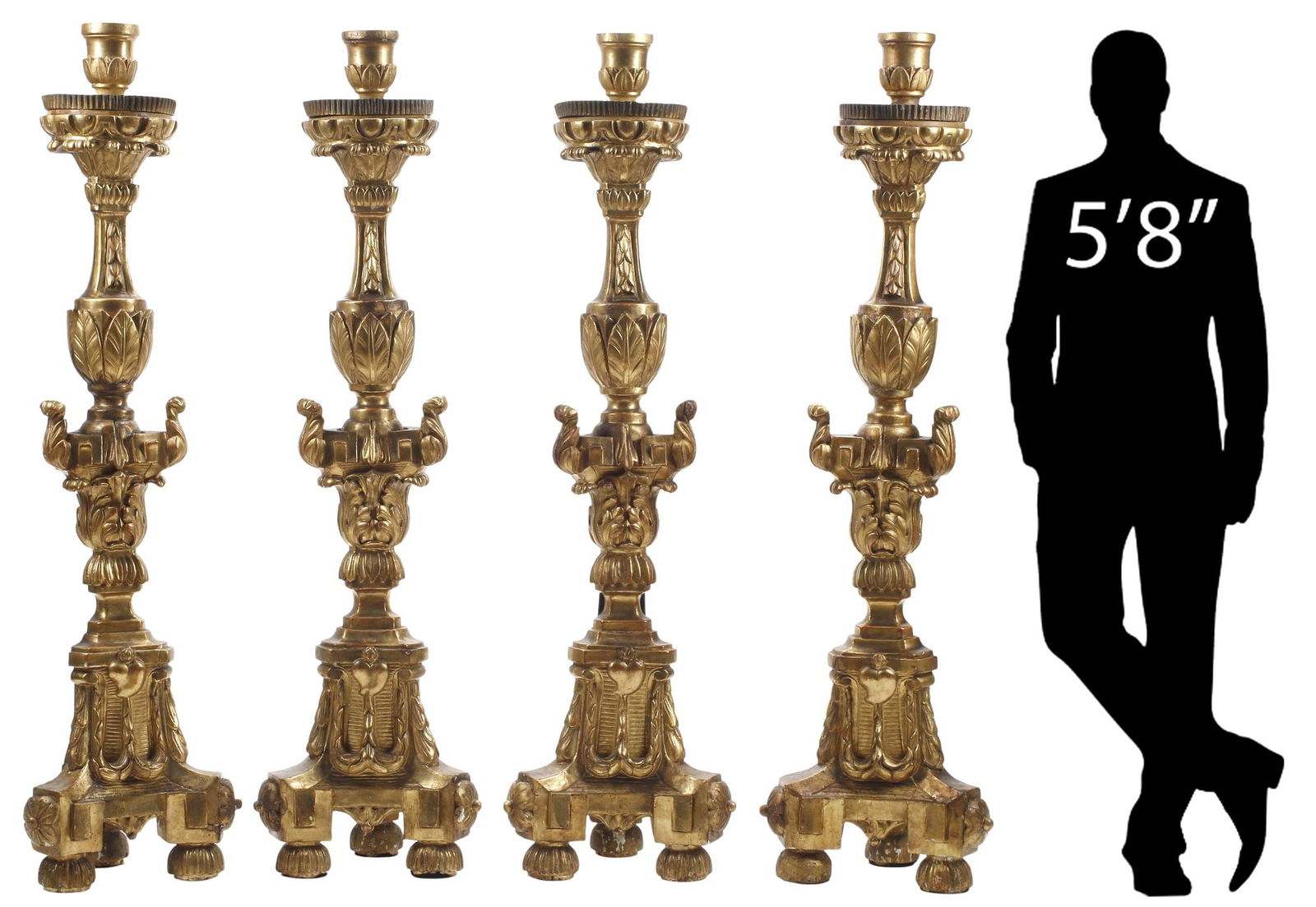 (4) ITALIAN BAROQUE STYLE GILTWOOD TORCHERES / FLOOR CANDLESTICKS, 68.5"H (1 of 6)