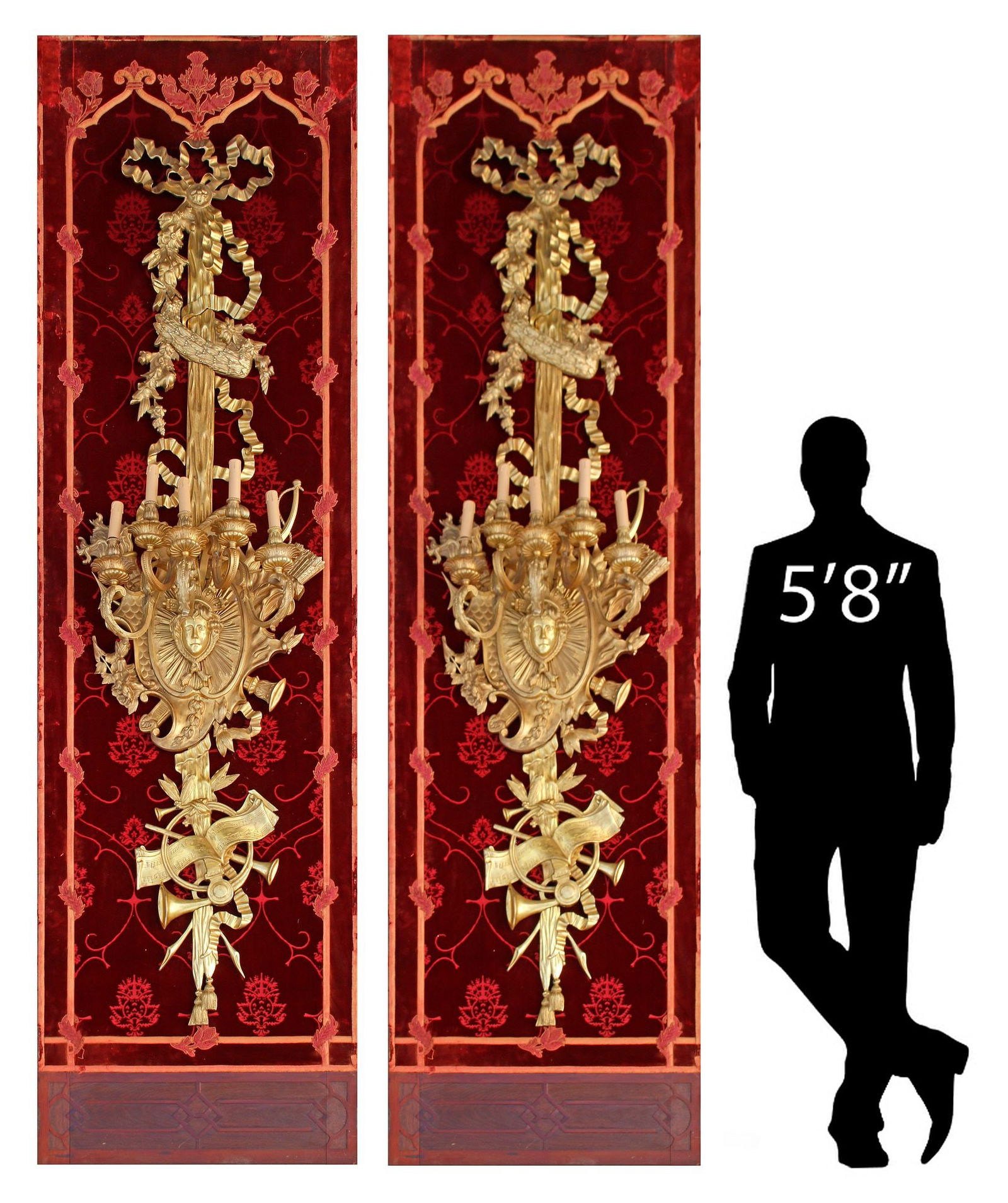 (2) MONUMENTAL LOUIS XVI STYLE ORMOLU 5-LIGHT WALL SCONCES, 108"H: (pair) Monumental Louis XVI style bronze dore five-light wall sconces, each having ribbon crest, above shield-form plaque with figural mask, issuing scrolled arms and faux candles, terminating on shee