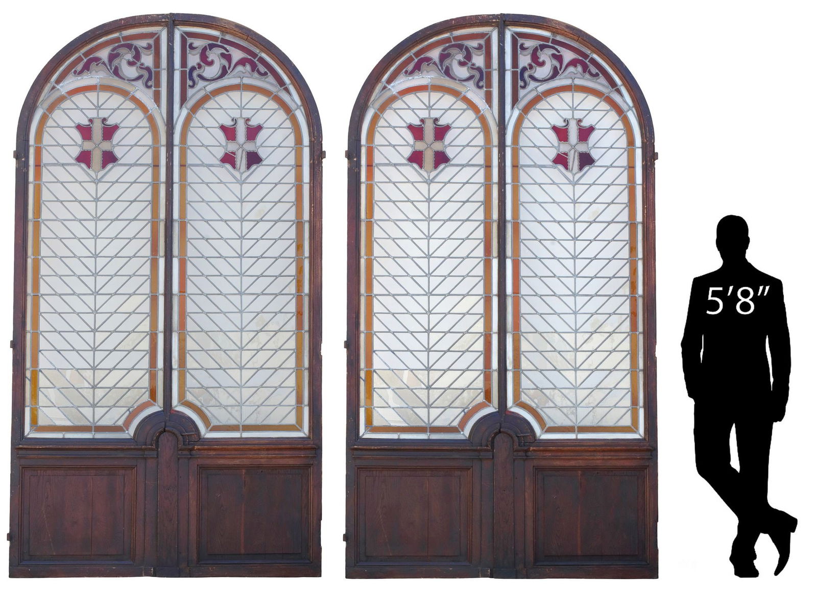 (2 PAIRS) FRENCH ARCHITECTURAL STAINED & LEADED GLASS DOORS, 120.5"H (1 of 7)