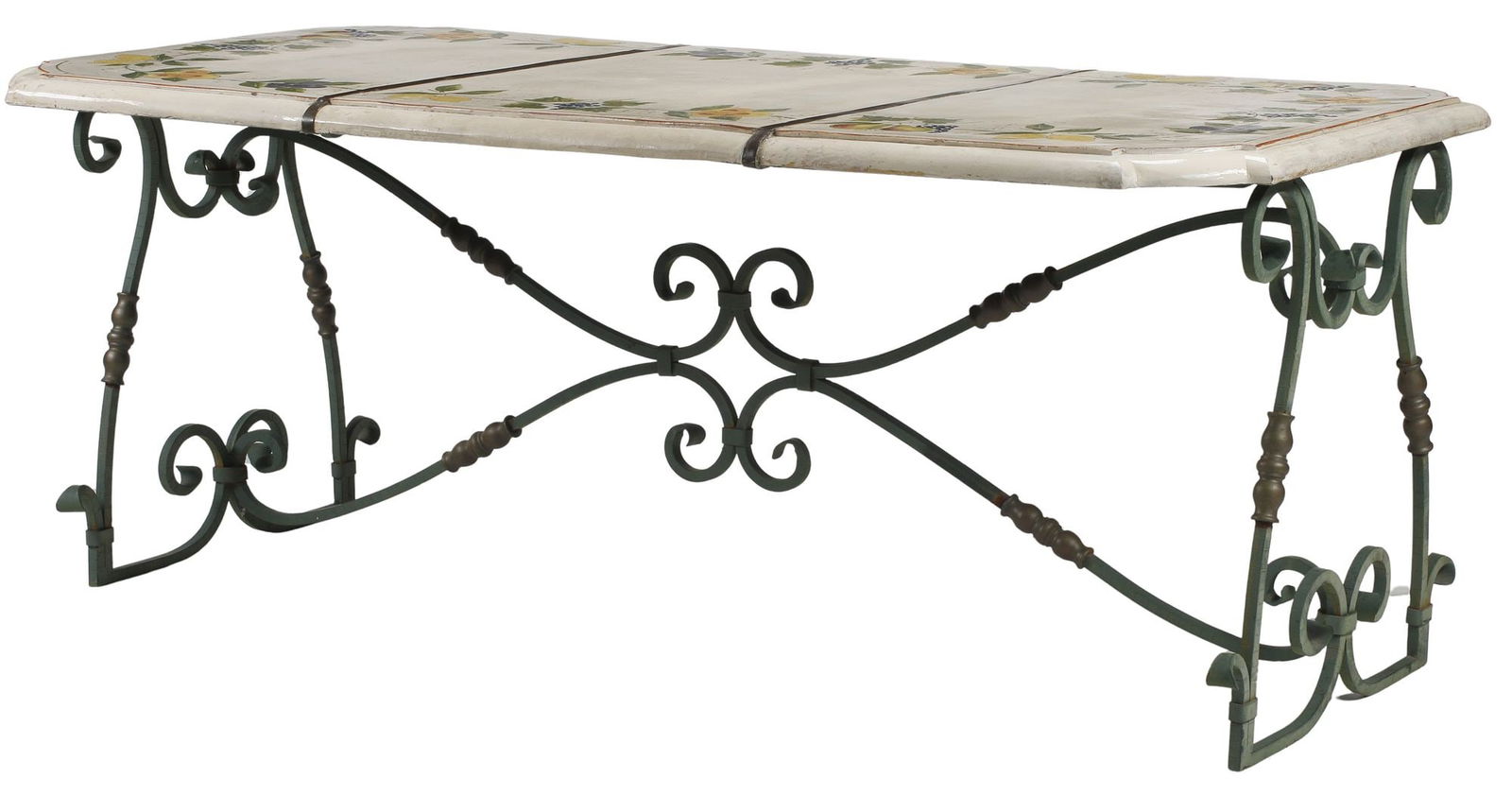 LARGE ITALIAN PAINTED CECCARELLI MAJOLICA-TOP WROUGHT IRON PATIO TABLE (1 of 8)