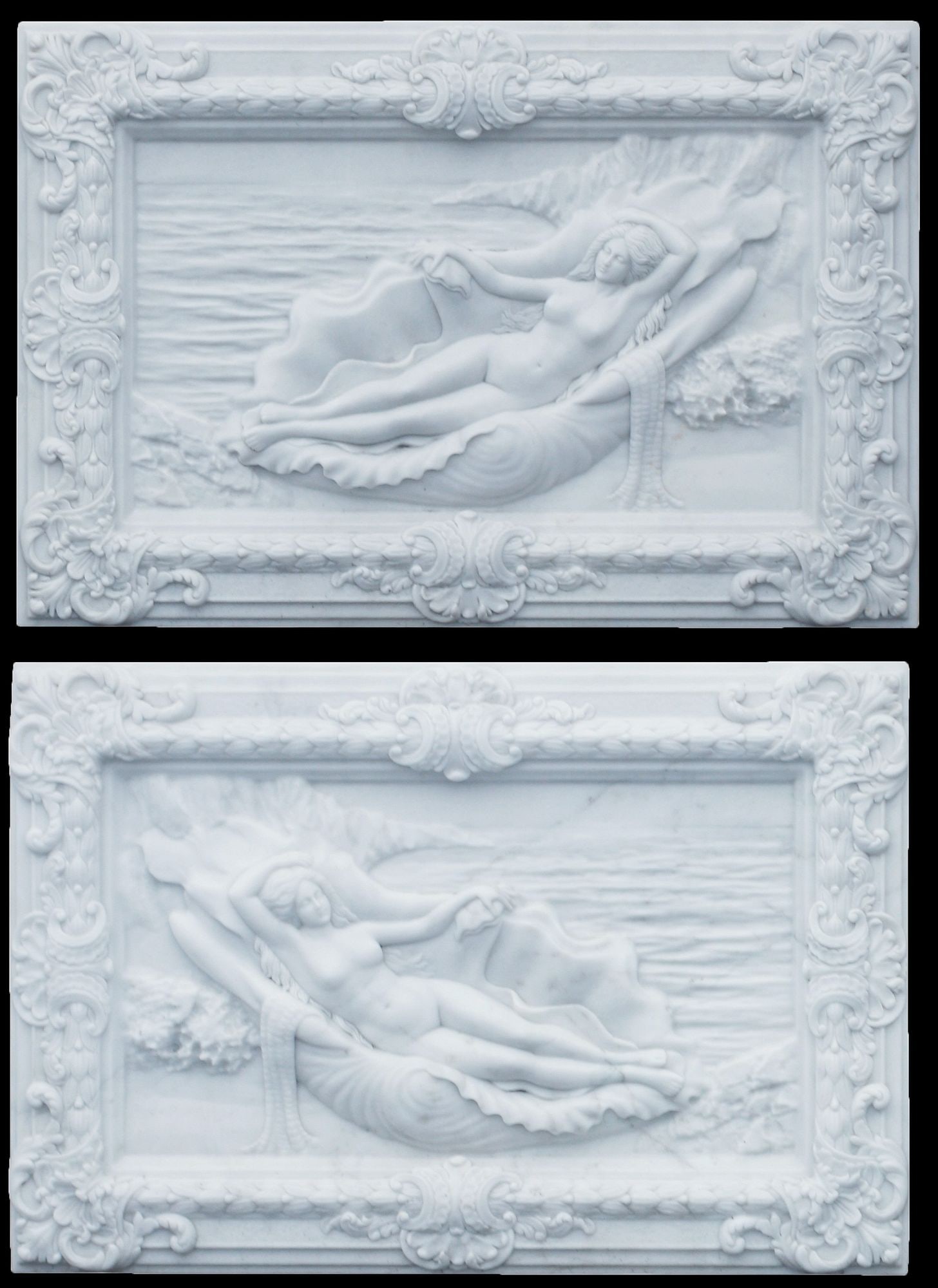 (2) CLASSICAL STYLE ALLEGORICAL FEMALE NUDE MARBLE RELIEF PANELS, 27" X 39" (1 of 4)