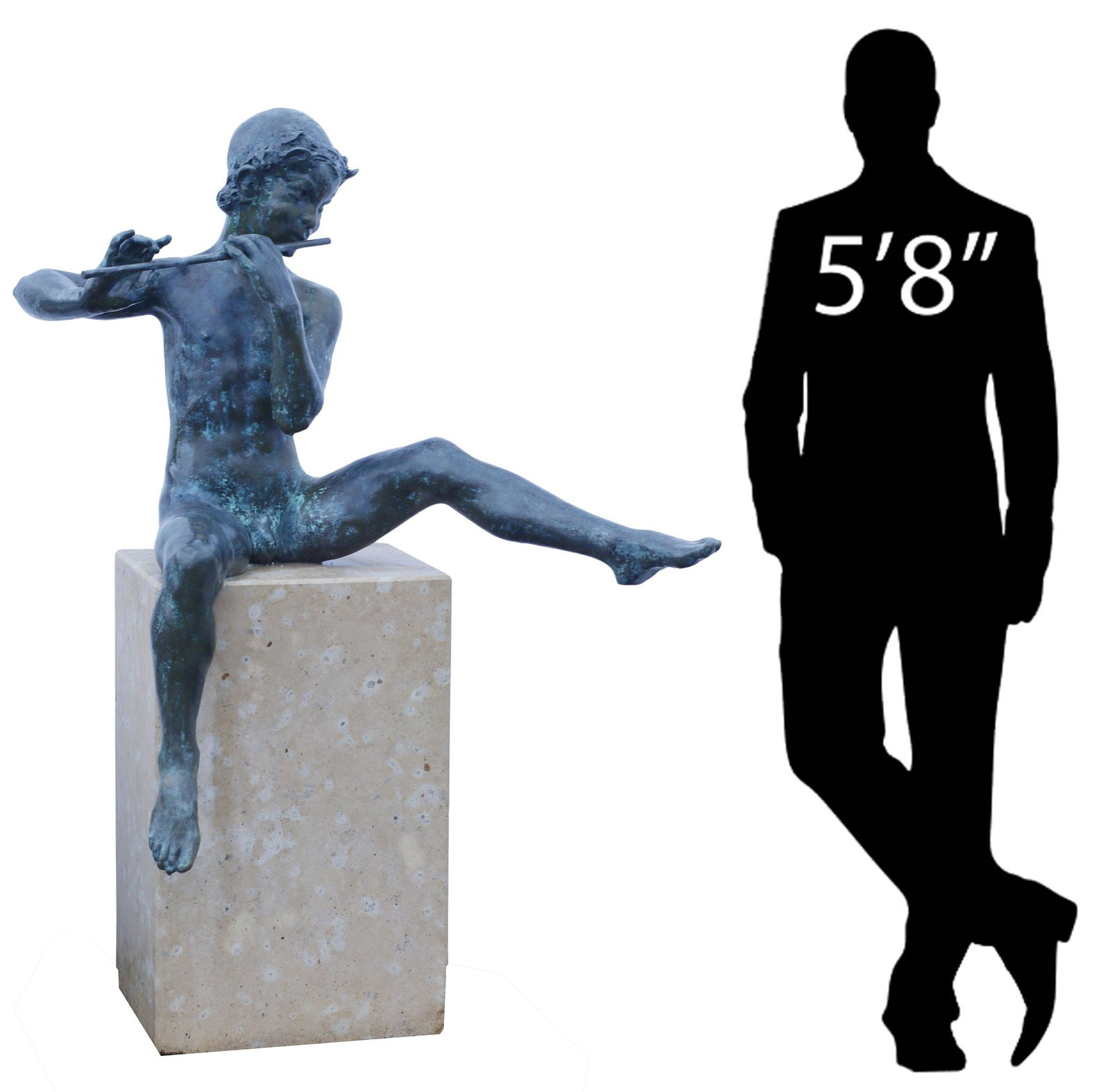 LARGE PATINATED BRONZE SCULPTURE ON STONE BASE, FLUTE PLAYER, 60"H (1 of 7)