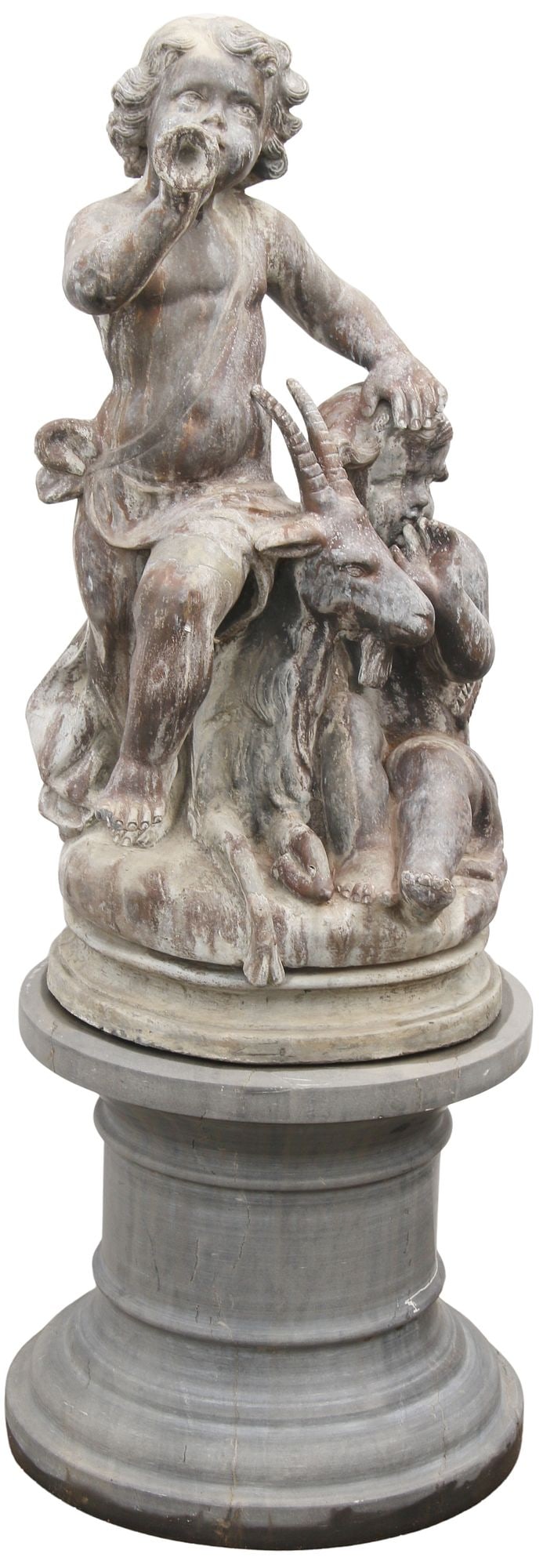 FRENCH CAST LEAD FIGURAL PUTTI GARDEN SCULPTURE ON SOCLE, 48"H (1 of 5)
