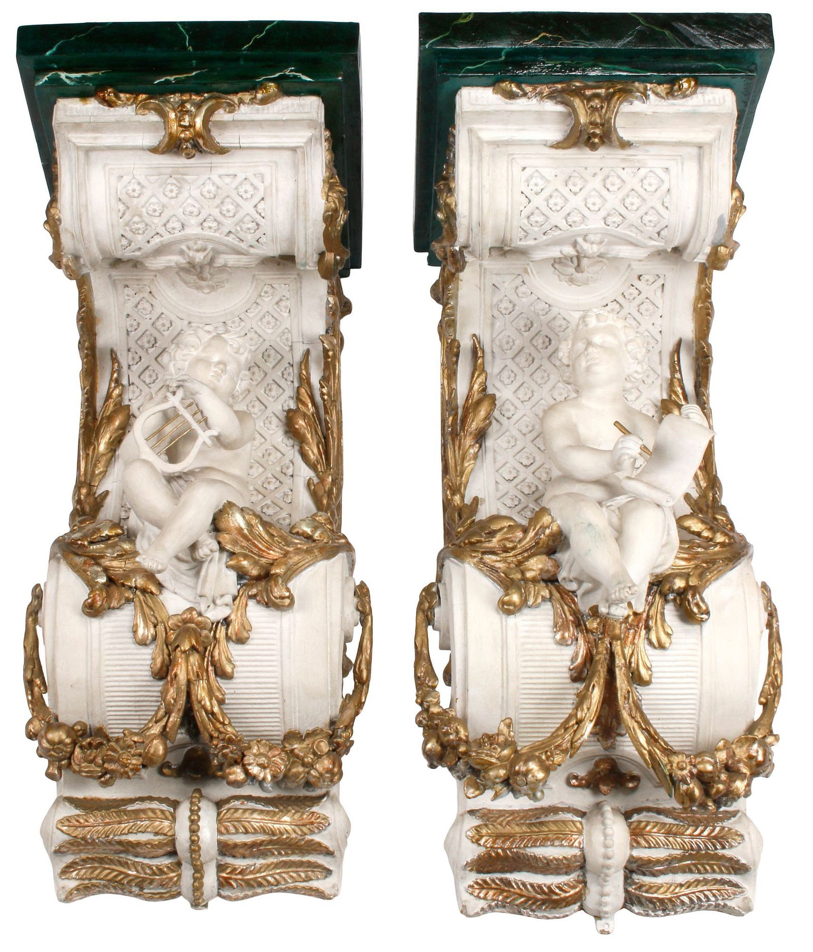 (2) ITALIAN PARCEL-GILT & PAINTED FIGURAL CHERUB BRACKETS / CORBELS (1 of 6)