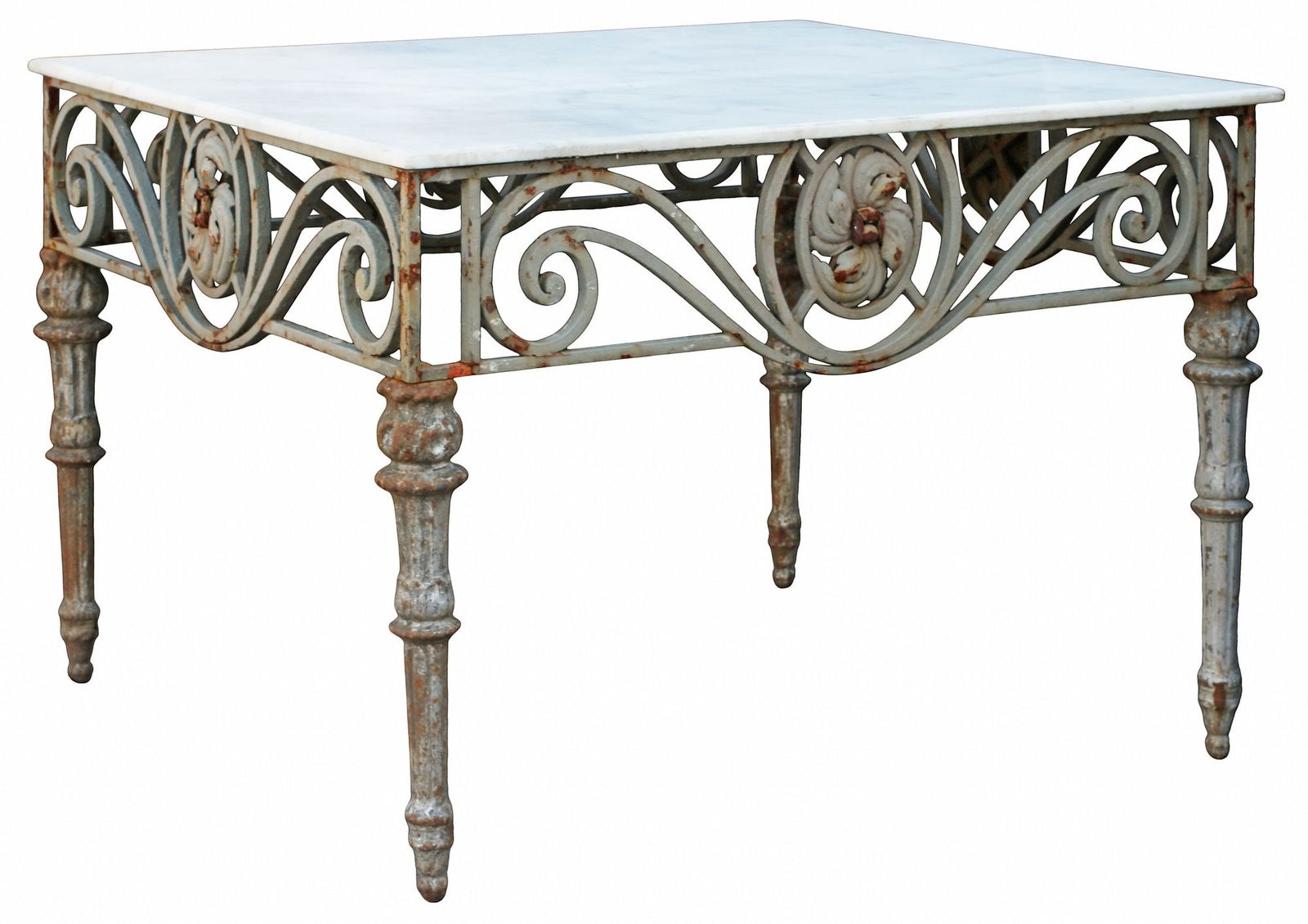 FRENCH MARBLE-TOP PAINTED WROUGHT IRON PATIO DINING TABLE (1 of 4)