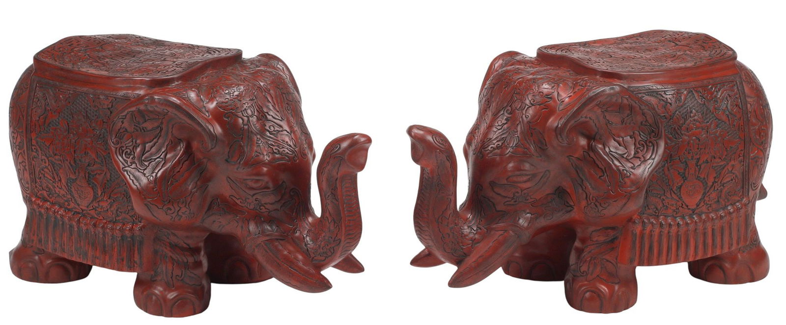 (2) CHINESE RED ELEPHANT-FORM GARDEN SEATS OR STOOLS: (pair) Chinese red elephant-form garden seats or stools, ornate molded design, likely resin, approx 18"h, 15"w, 33"d, 75lbs total