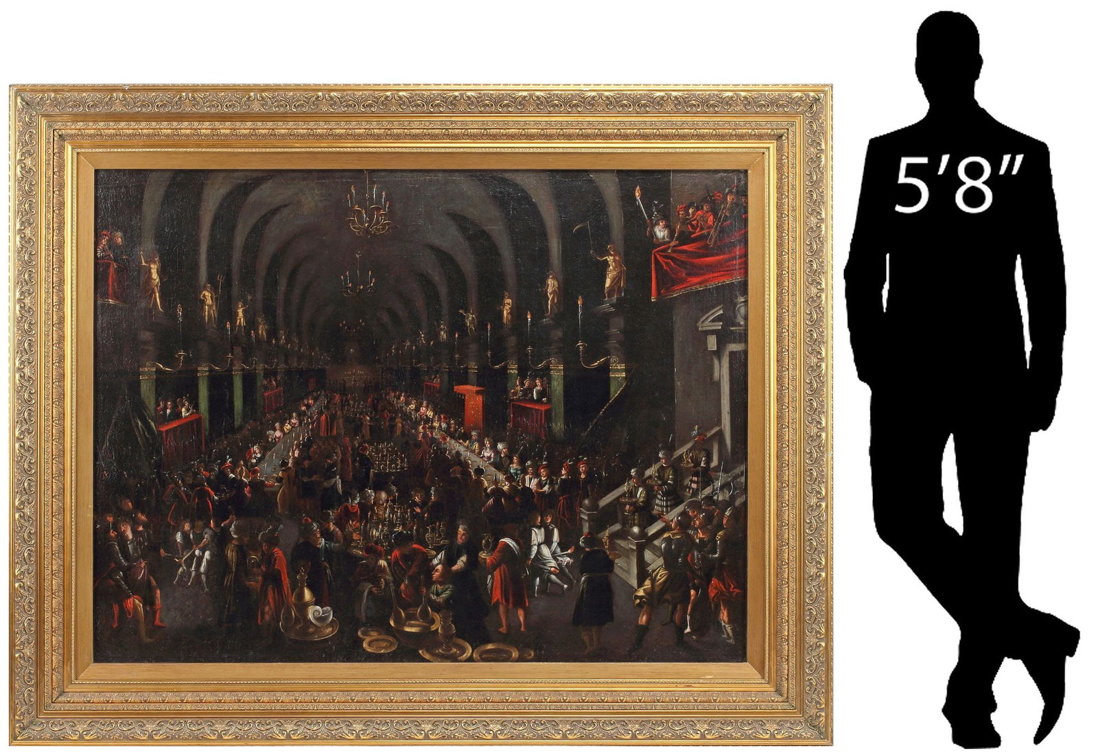 ITALIAN SCHOOL (18TH C.) PAINTING BELSHAZZAR'S FEAST: Framed Italian School oil on canvas painting, The Feast of Belshazzar, relined, sight: approx 46.25"h, 62.25"w, overall: 62"h, 78.25"w, 68lbs