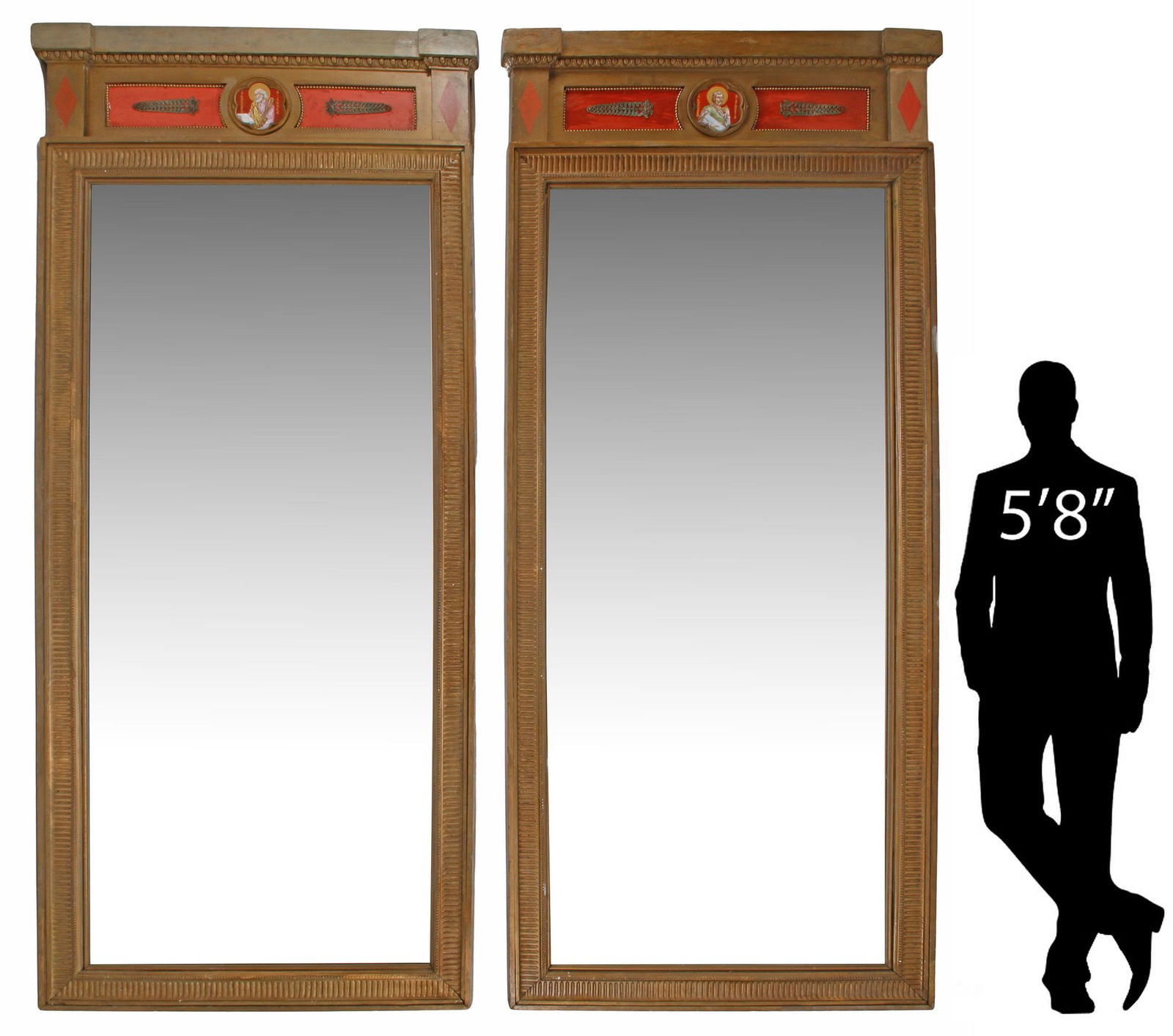(2) MONUMENTAL EMPIRE STYLE PAINTED RELIGIOUS PORTRAIT MIRRORS, 109"H: (pair) Monumental Empire style mirrors, each having molded cornice with central painted portrait roundel, depicting Saint Simon the Zealot and Saint Jude the Apostle, above rectangular frame with flut