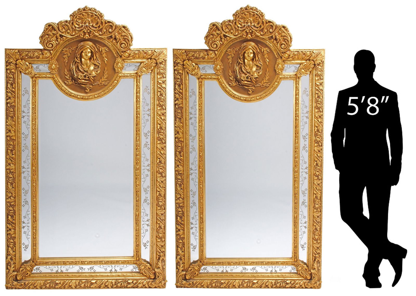 (2) LARGE LOUIS XV STYLE GILT PARCLOSE PORTRAIT MIRRORS, 83"H: (pair) Monumental Louis XV style gilt composite mirrors, 21st c., each having scrolled foliate crest over protruding portrait plaque, molded cushion frame encasing flat and etched mirror plates, appro