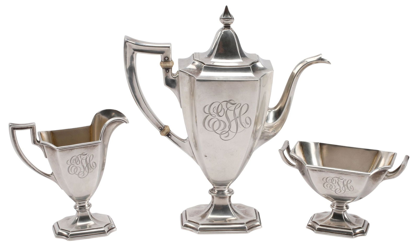 (3) AMERICAN GORHAM STERLING SILVER COFFEE POT, SUGAR & CREAMER (1 of 6)