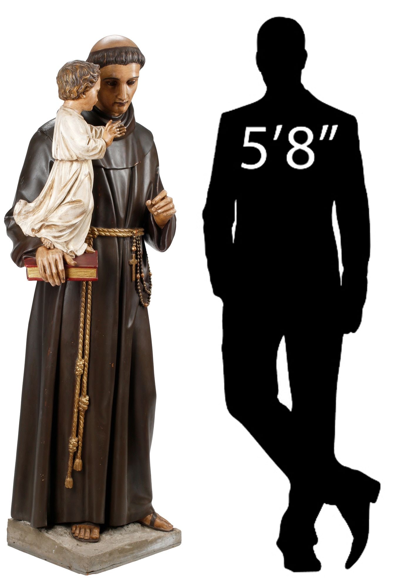 NEAR LIFE-SIZE RELIGIOUS FIGURE, ST. ANTHONY OF PADUA & CHILD, 60"H (1 of 8)