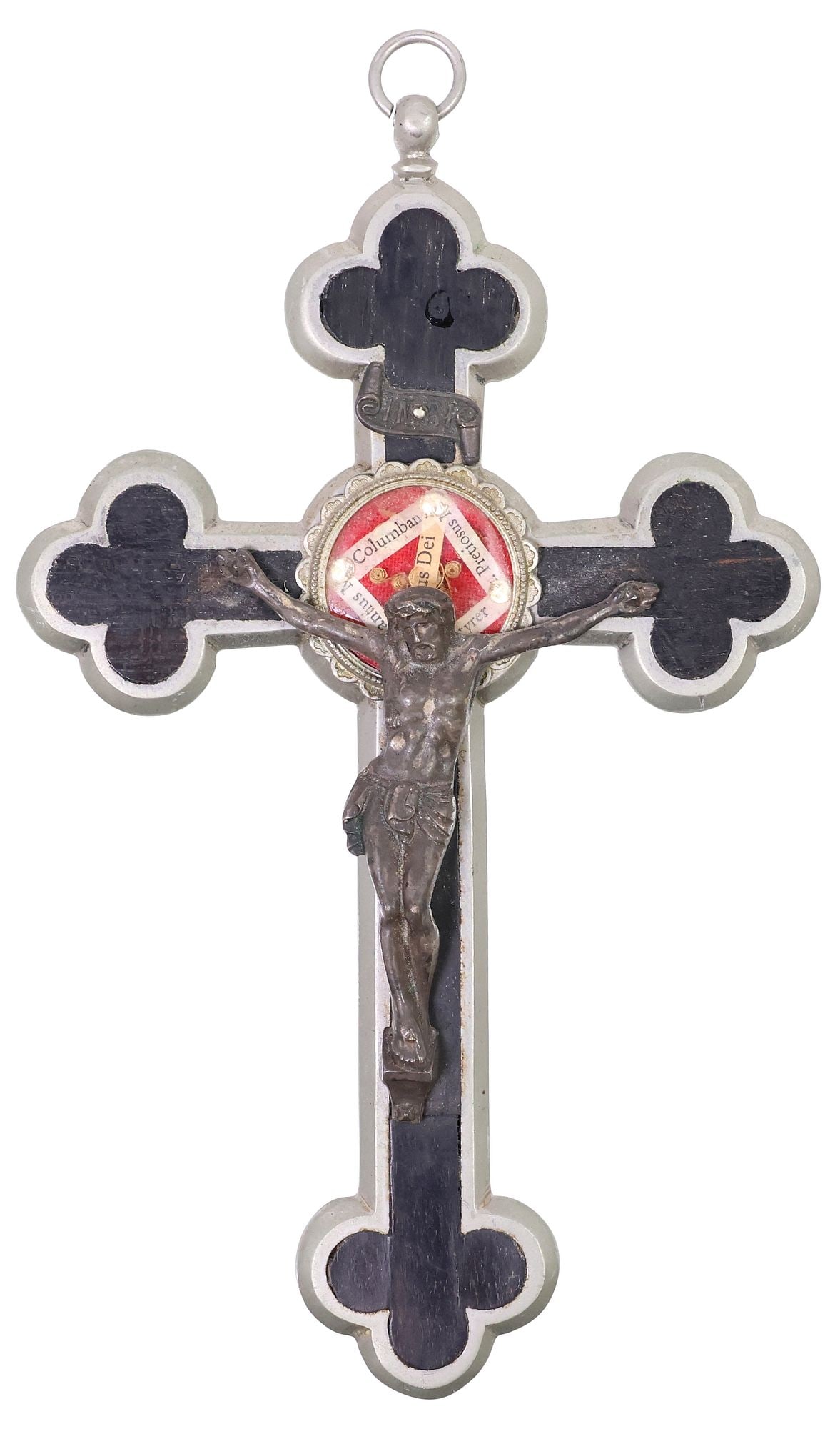 GERMAN SILVER-TONE METAL PECTORAL RELIQUARY CROSS WITH 5 RELICS (1 of 4)
