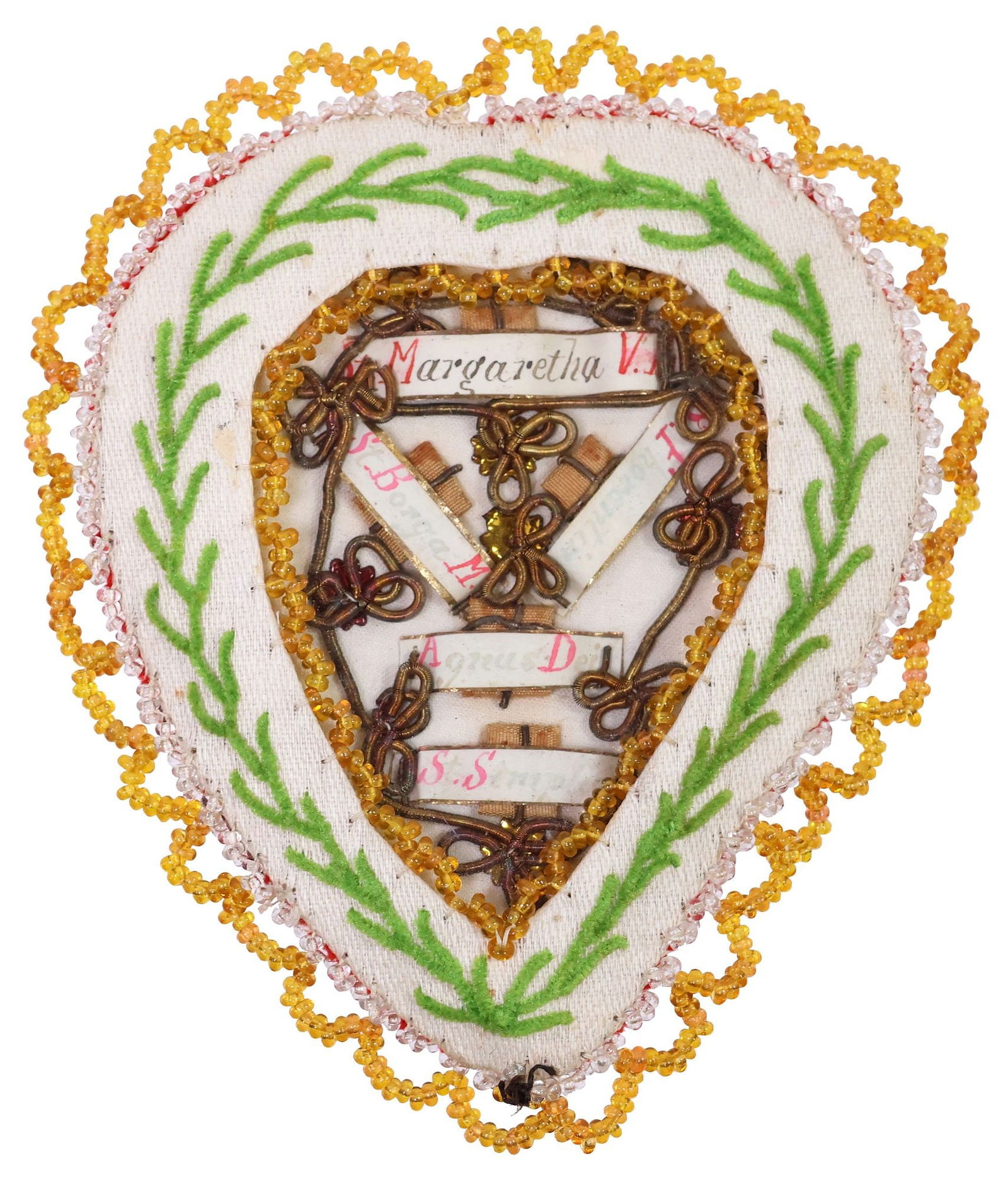 HEART-FORM KLOSTERARBEIT RELIQUARY CONTAINING RELICS OF 5 SAINTS: Heart-shaped "Klosterarbeit (Covent Work)" reliquary, housing (five) relics of Saint Margaret of Antioch, Saint Agnes of Rome, Saint Steven, Saint Benedict, and Saint Victoria, framed by couched metal