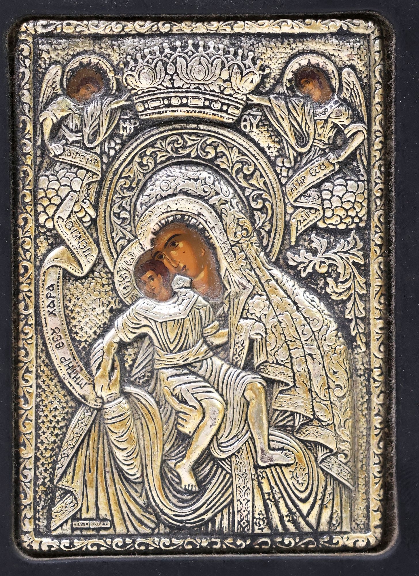 GREEK ORTHODOX .950 SILVER OKLAD ICON, THEOTOKOS MOTHER OF GOD (1 of 4)