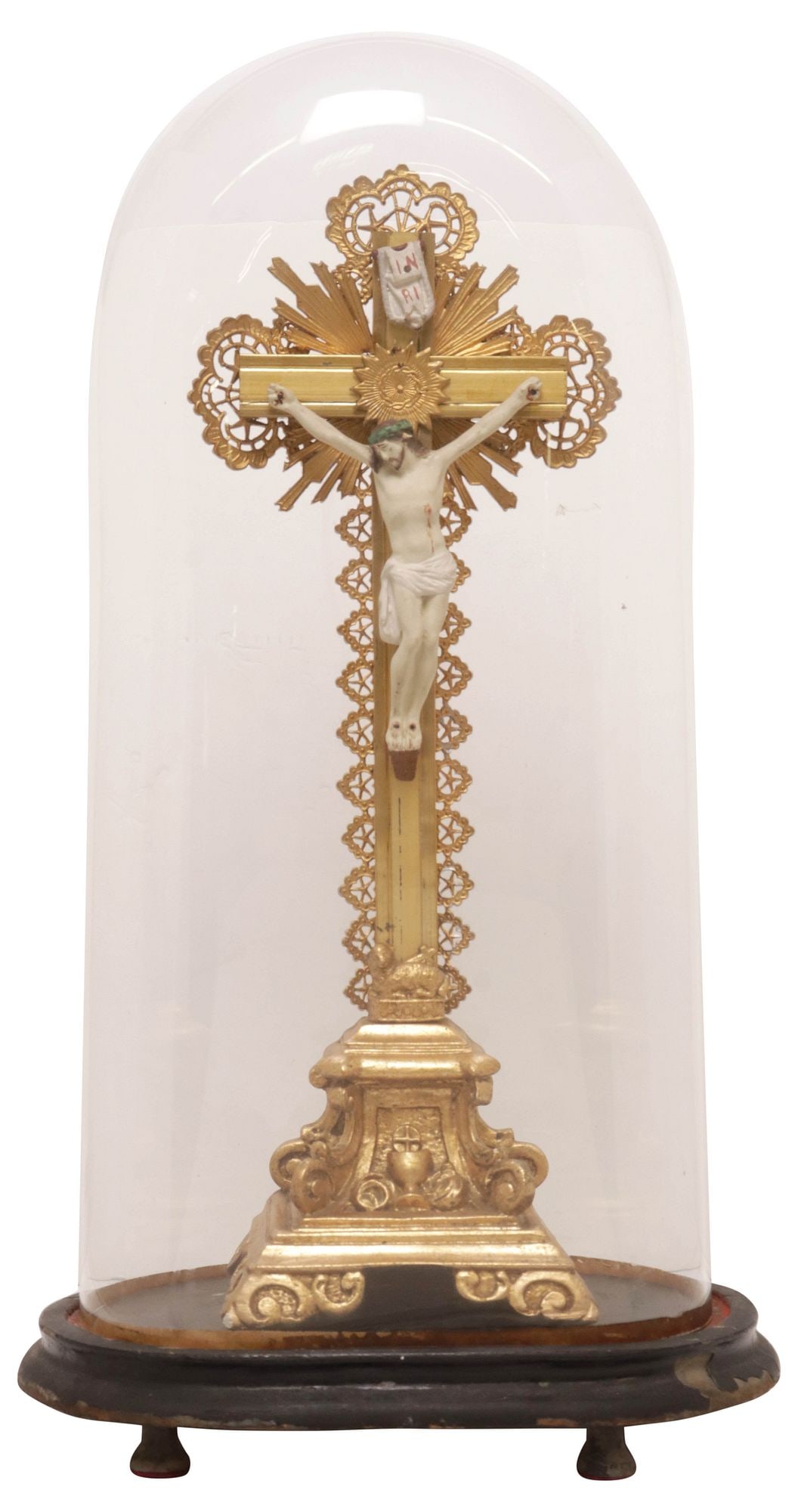 CONTINENTAL GILTWOOD & PAINTED ALTAR CRUCIFIX IN GLASS CLOCHE (1 of 5)