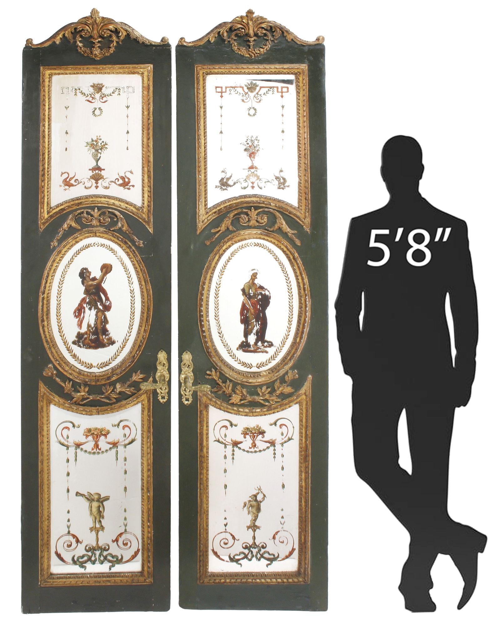 (2) FRENCH NEOCLASSICAL STYLE ARCHITECTURAL MIRRORED DOORS, 88.5"H: (lot of 2) French Neoclassical style architectural paint-decorated doors, 18th/ 19th c., each having scrolled foliate crest, above shaped mirror plates with painted flowering urns and cherubs, central