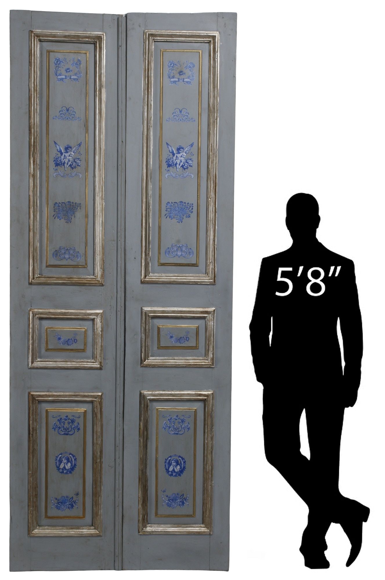 (2) MONUMENTAL LOUIS XVI STYLE ARCHITECTURAL PANELED DOORS, 108"H: (pair) Monumental Louis XVI style architectural doors, each having paneled rectangular frame, decorated with cherubs and floral sprays, approx 108"h, 22"w