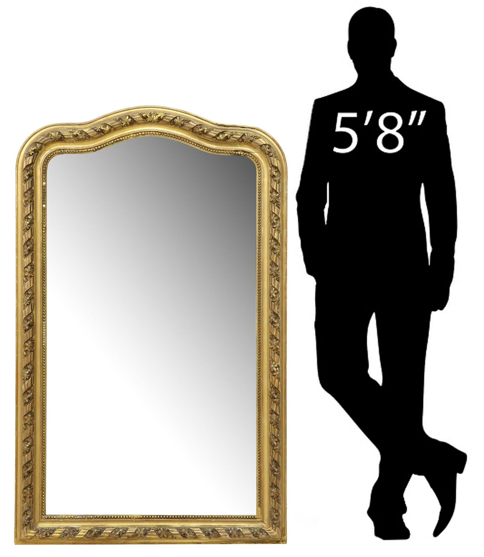 FRENCH LOUIS XVI STYLE GILTWOOD WALL MIRROR, 55" X 33.5": French Louis XVI style giltwood mirror, 19th c., having molded frame, with floral ribbon twist trim, encasing flat mirror plate, minor segments of bead loss, approx 55"h, 33.5"w, 56lbs