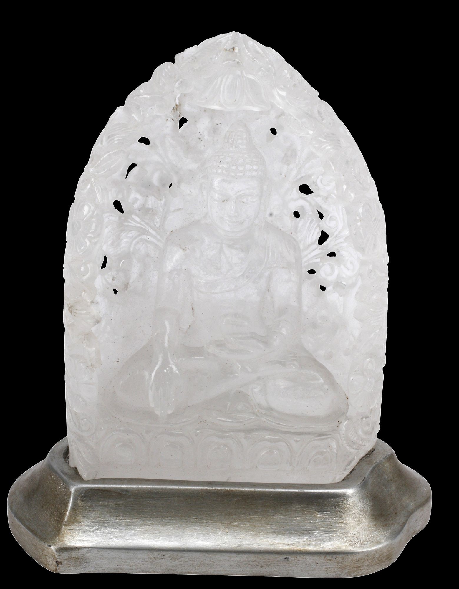 CARVED ROCK CRYSTAL SEATED BUDDHA ON SILVER-GILT WOOD STAND (1 of 5)