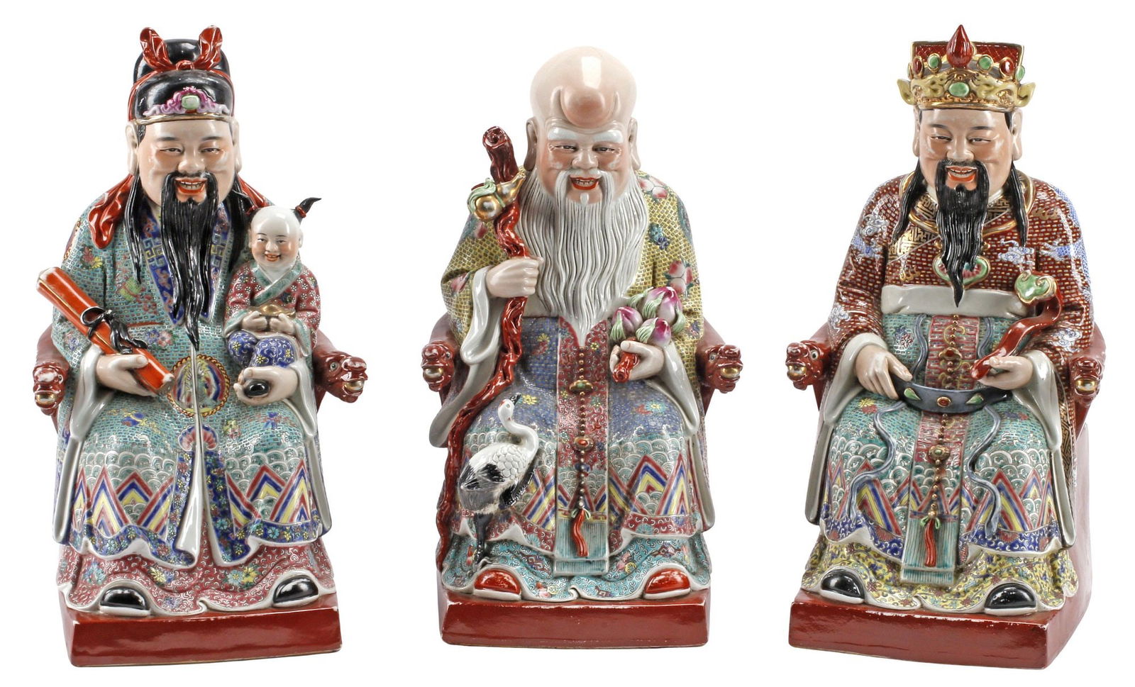 (3) CHINESE ENAMELED PORCELAIN SANXING DEITIES, SHOU, FU, & LU (1 of 9)